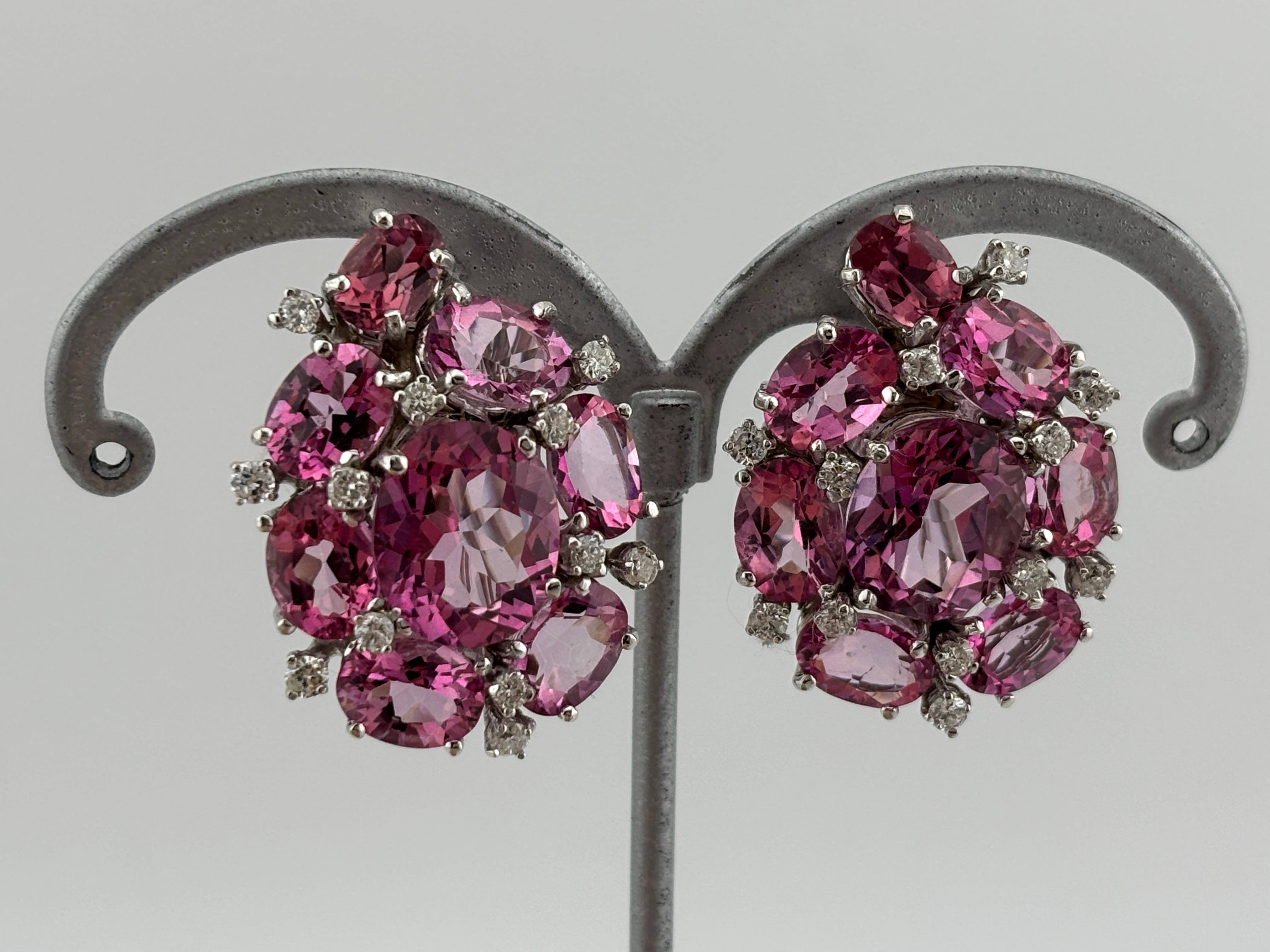 Pink Topaz & Diamond 18k White Gold Earrings Omega Back For Sale 3