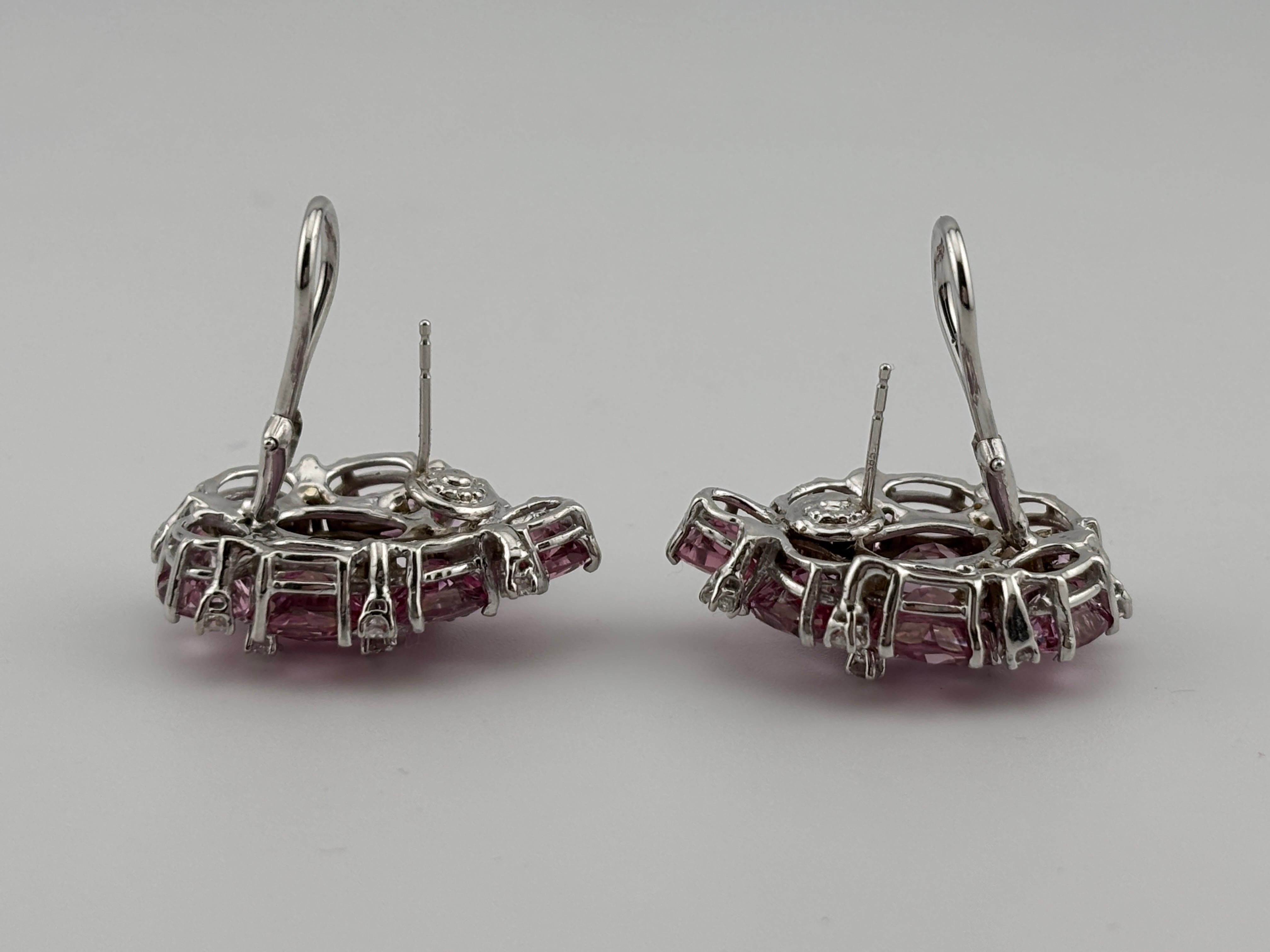 Pink Topaz & Diamond 18k White Gold Earrings Omega Back For Sale 4
