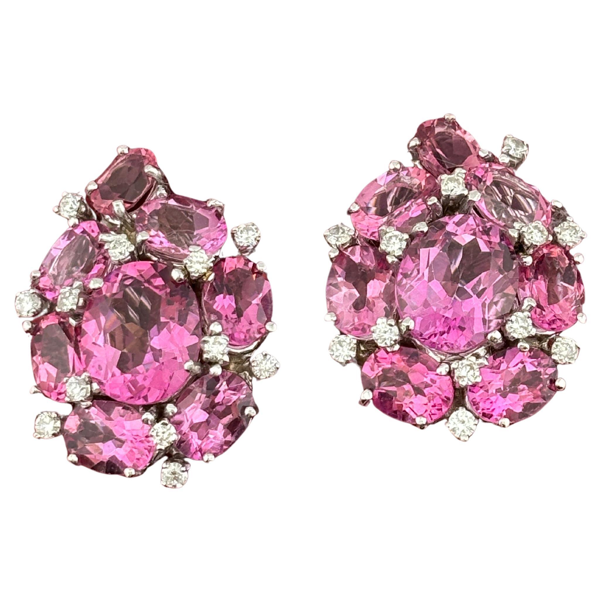 Pink Topaz & Diamond 18k White Gold Earrings Omega Back For Sale