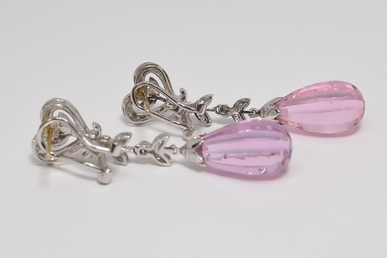 Round Cut Pink Topaz and Diamond Briolette Dangle Chandelier Omega Earrings