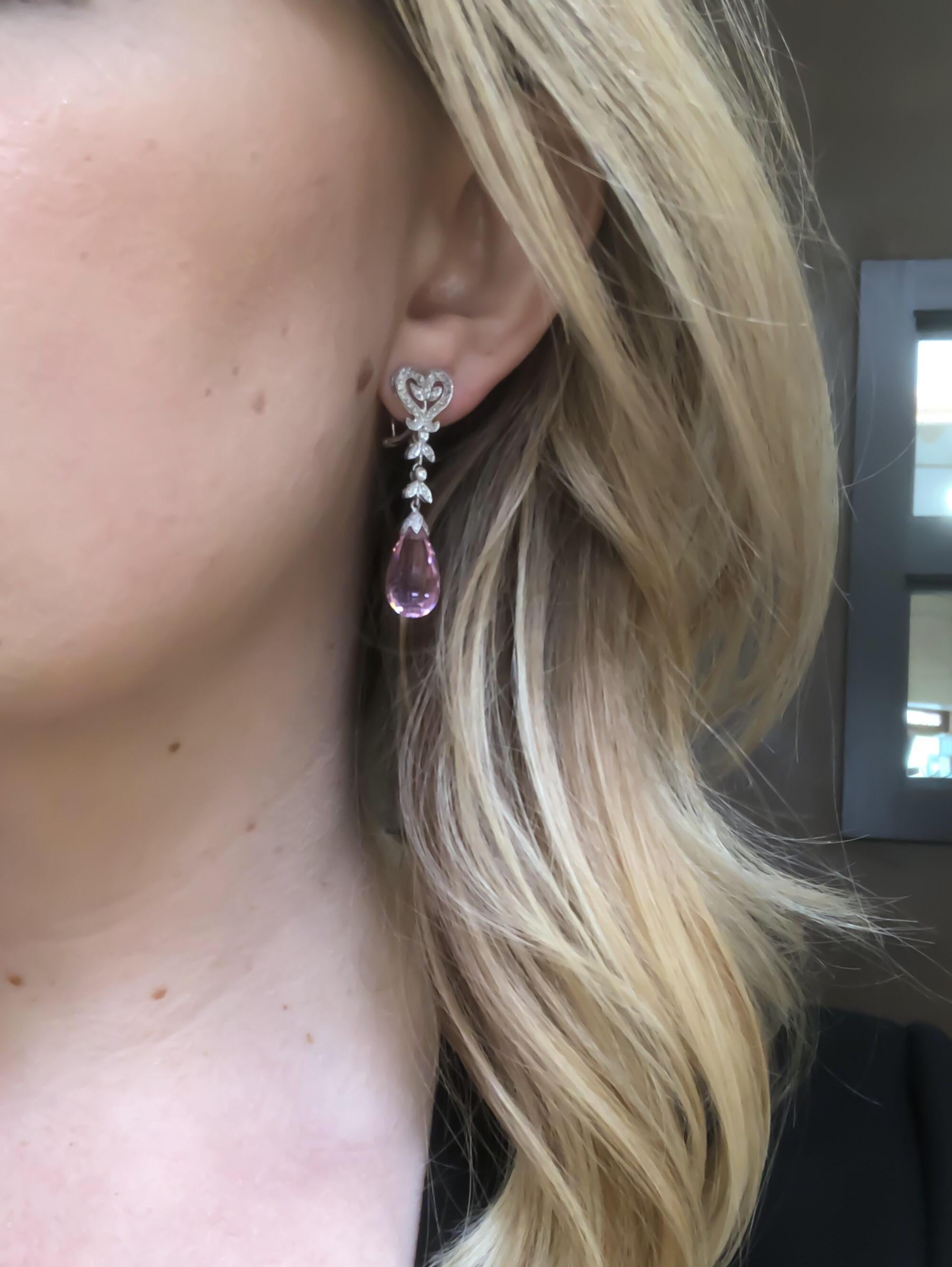 Pink Topaz and Diamond Briolette Dangle Chandelier Omega Earrings In Good Condition In Carmel-by-the-Sea, CA