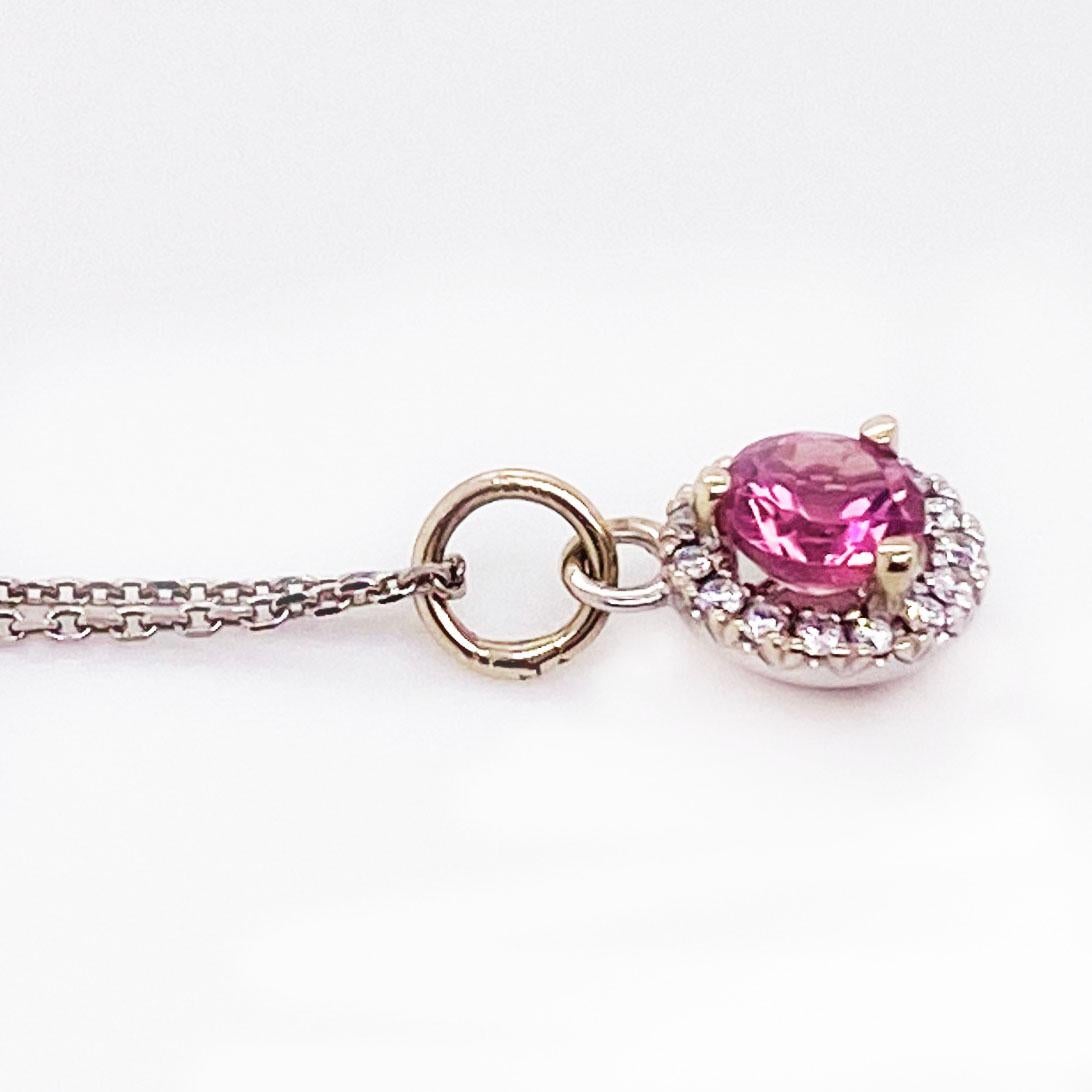 Round Cut Pink Topaz and Diamond Halo Pendant 14 Karat White Gold Necklace November Birth