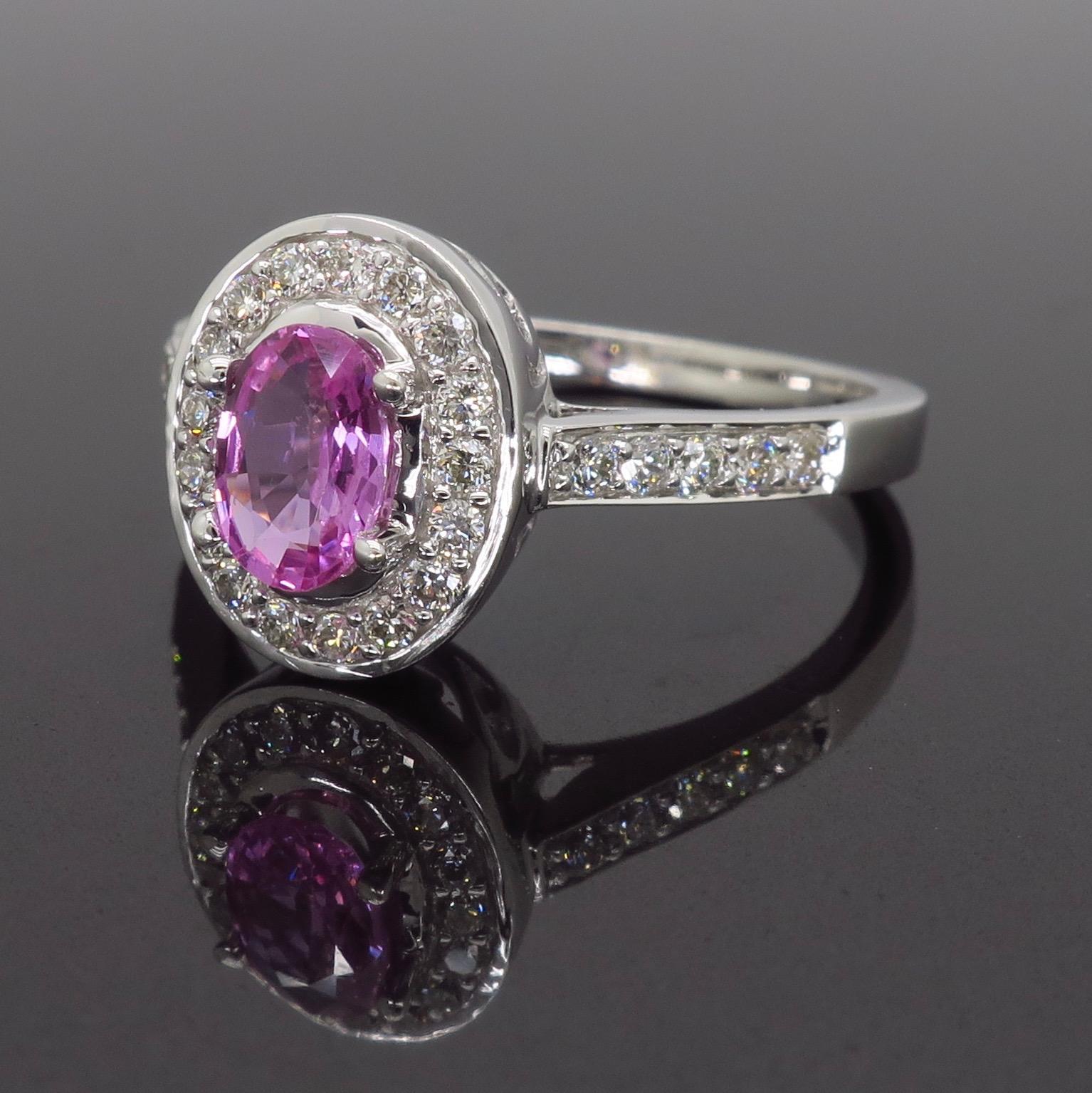 Pink Topaz and Diamond Halo Ring In New Condition In Webster, NY