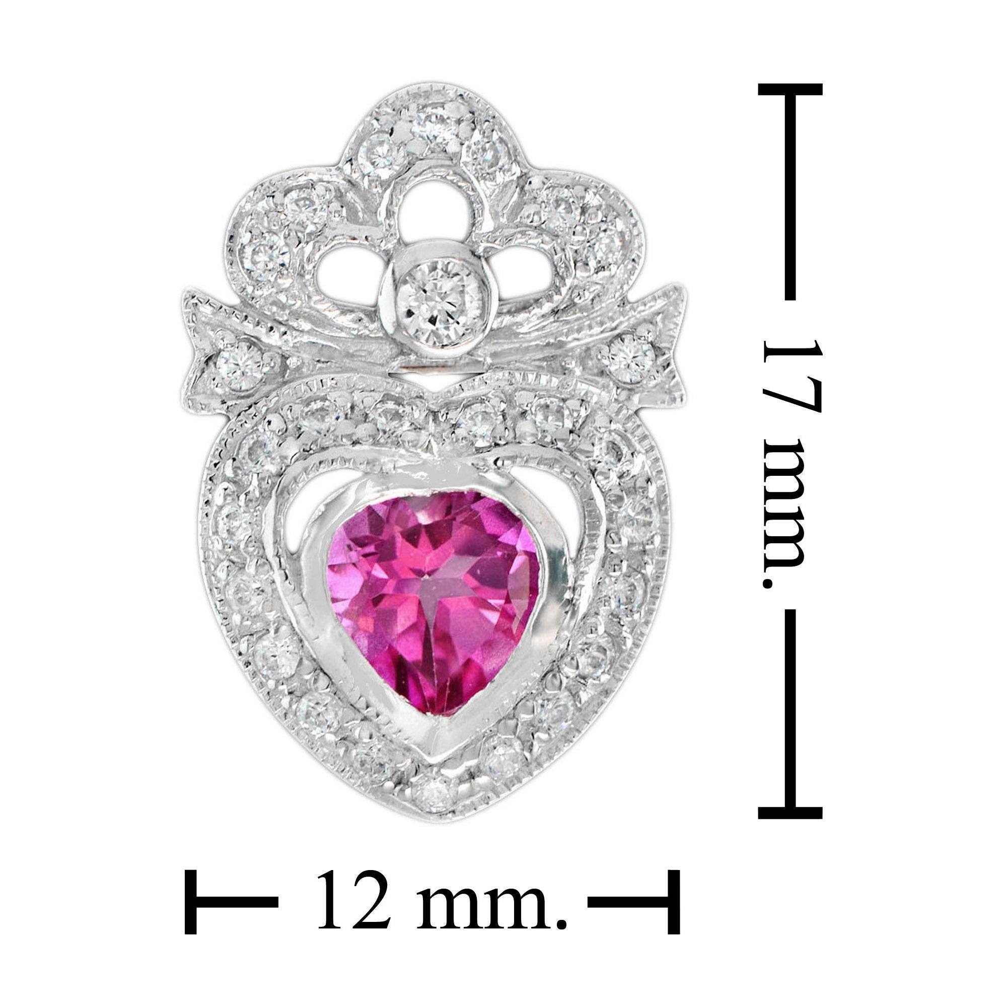 Art Deco Pink Topaz & Diamond Heart Shaped Stud 14K White Gold Earrings For Sale