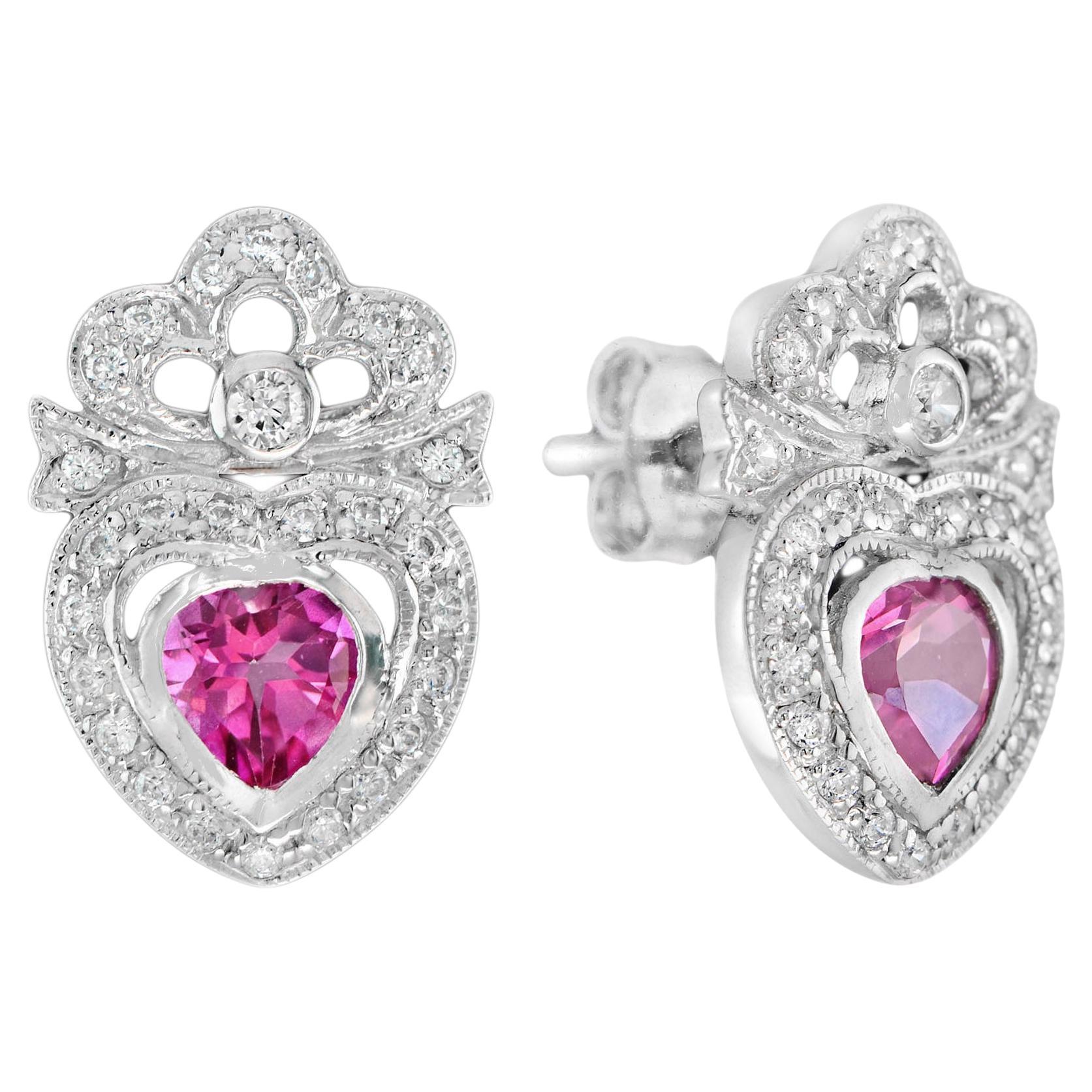 Pink Topaz & Diamond Heart Shaped Stud 14K White Gold Earrings