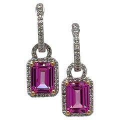 Pink Topaz Diamond Huggie Drop Modern Earrings 14 Karat White Gold
