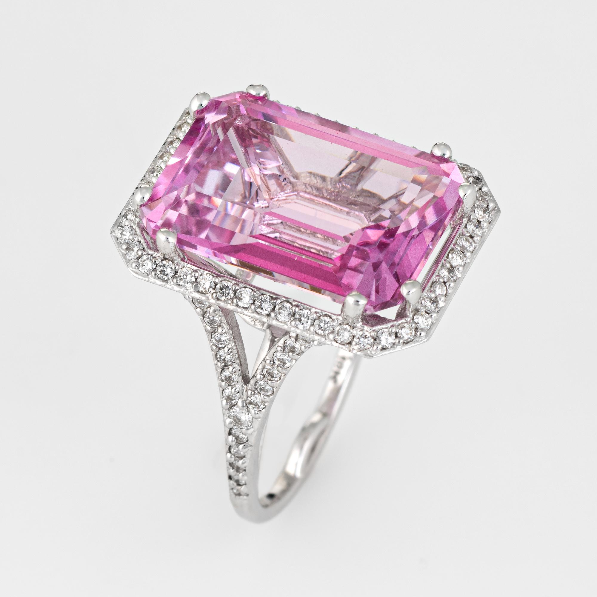 Finely detailed estate pink topaz & diamond cocktail ring, crafted in 18 karat white gold. 

One emerald cut Topaz, approx. 17.70 carats (18.0 x 13.0 x 8.0mm), medium pink color (due to a coating applied to the surface), nearly flawless, very good