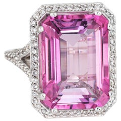 Vintage Pink Topaz Diamond Ring Large Square Cocktail Estate 18 Karat Gold Fine Jewelry