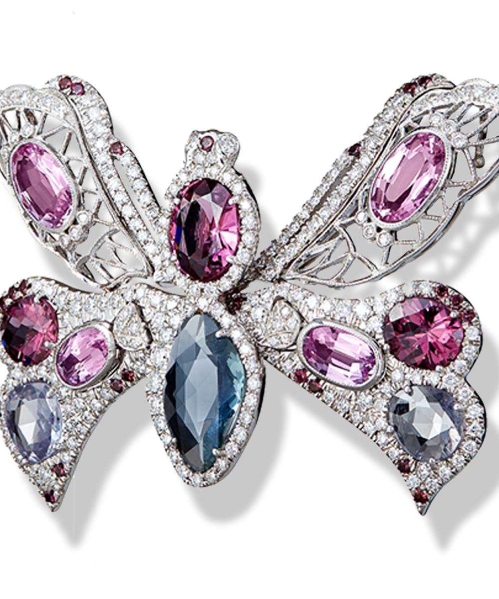 Contemporary Pink Topaz, Diamond & Sapphire One of a Kind Butterfly Pendants in 18k Gold For Sale