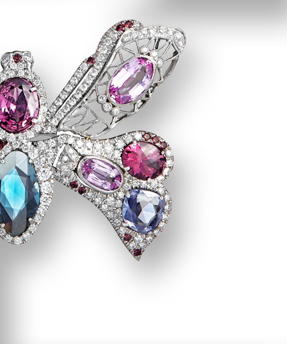 Pink Topaz, Diamond & Sapphire One of a Kind Butterfly Pendants in 18k Gold In New Condition For Sale In Naples, FL