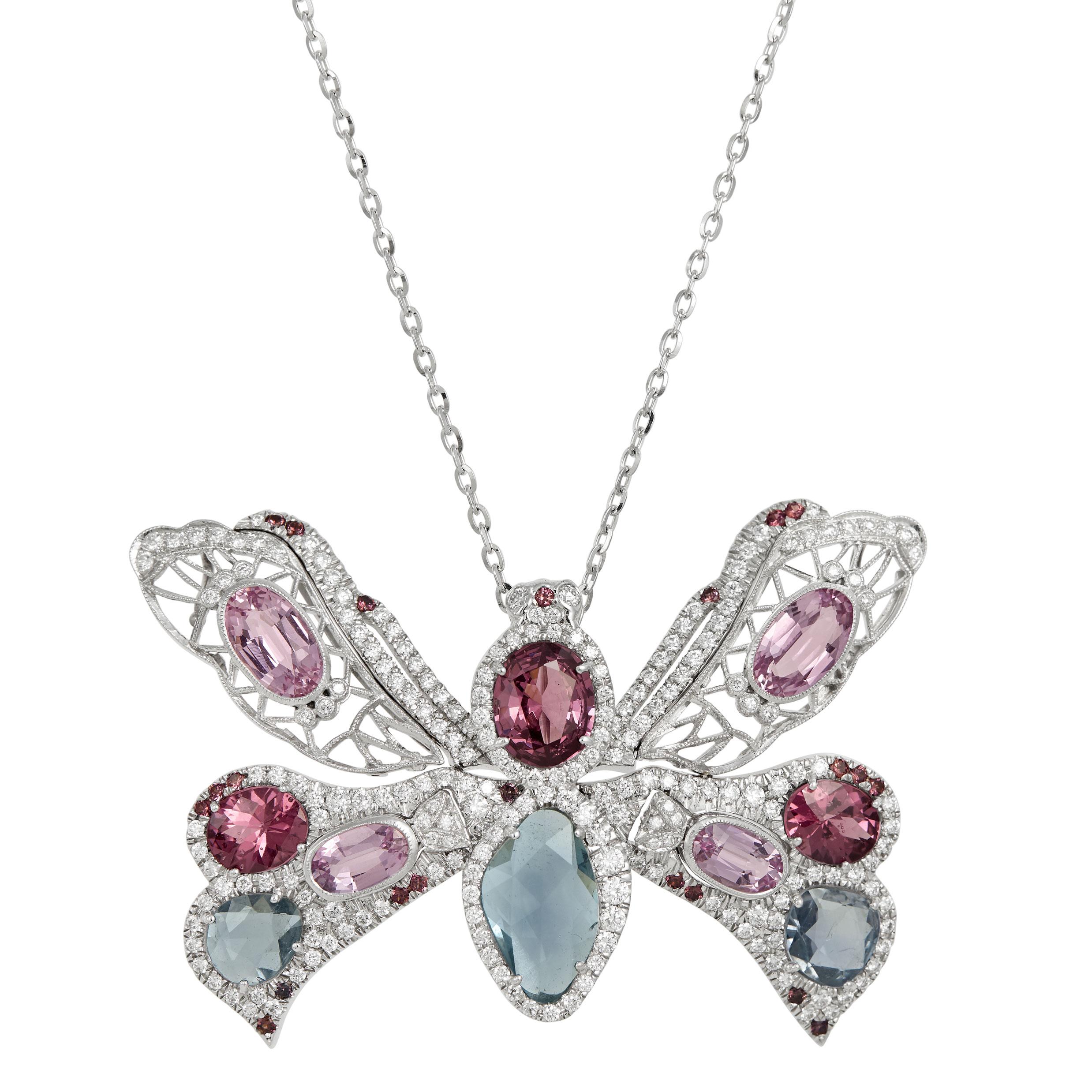 Round Cut Pink Topaz, Diamond & Sapphire One of a Kind Butterfly Pendants in 18k Gold For Sale