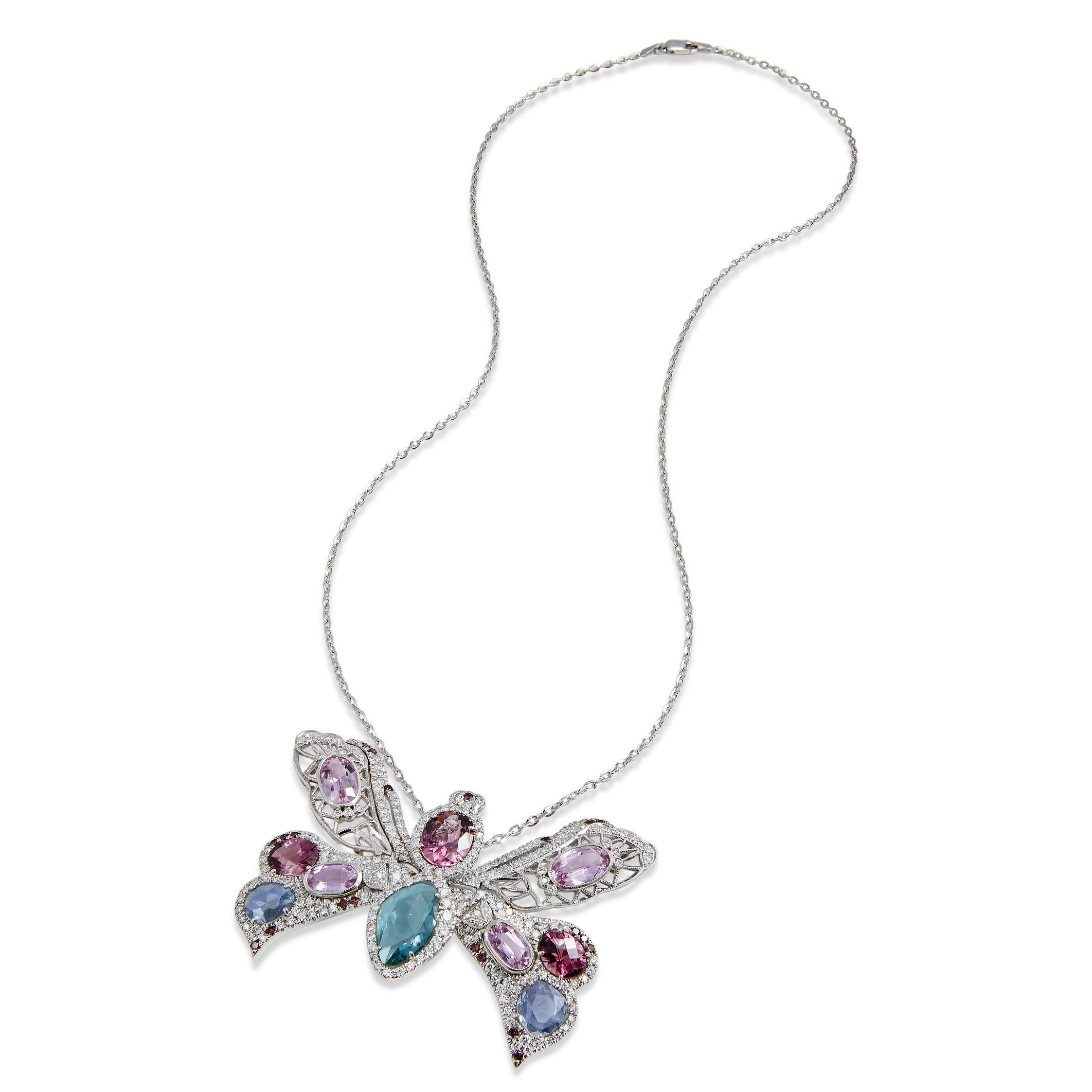 Women's or Men's Pink Topaz, Diamond & Sapphire One of a Kind Butterfly Pendants in 18k Gold For Sale