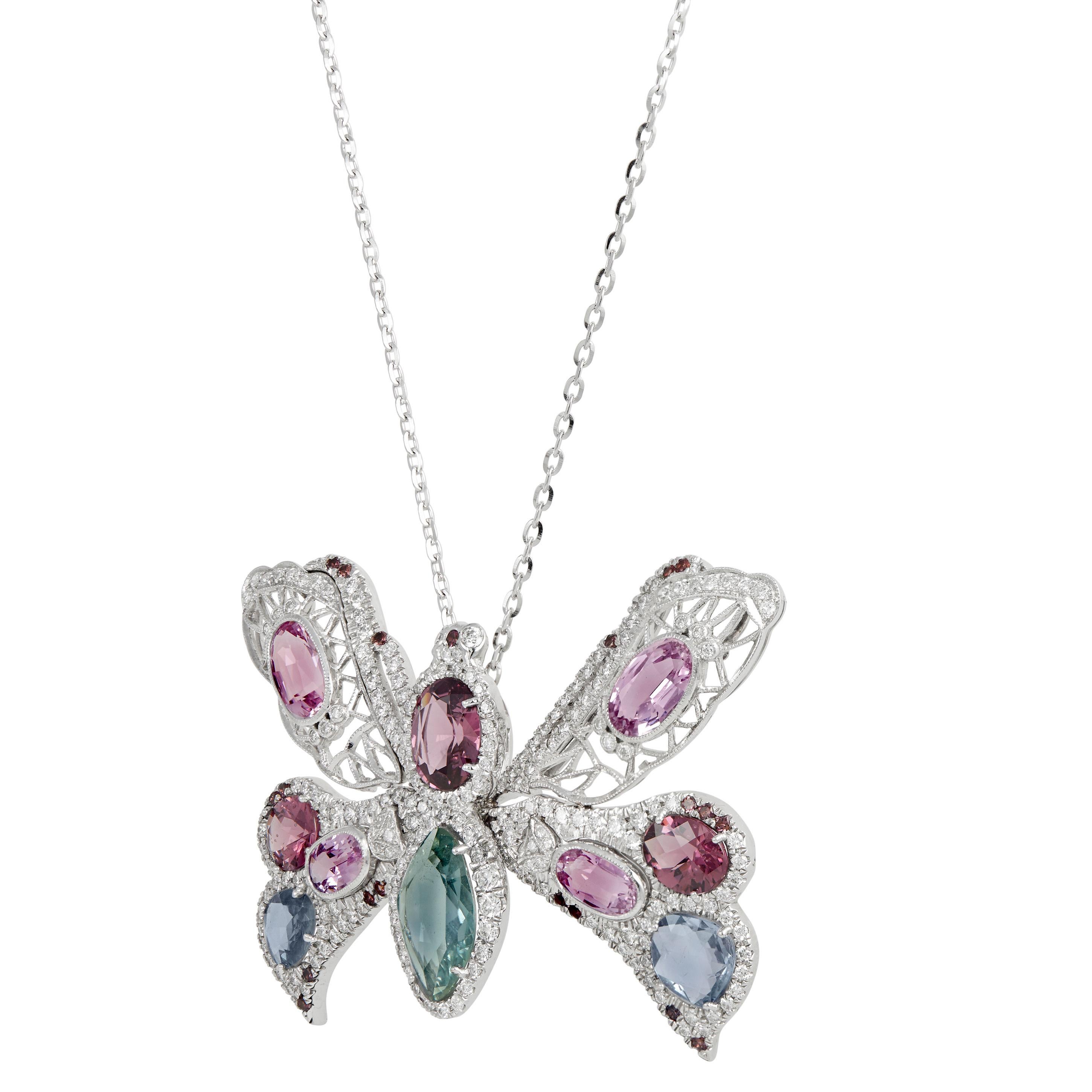 Pink Topaz, Diamond & Sapphire One of a Kind Butterfly Pendants in 18k Gold For Sale 1