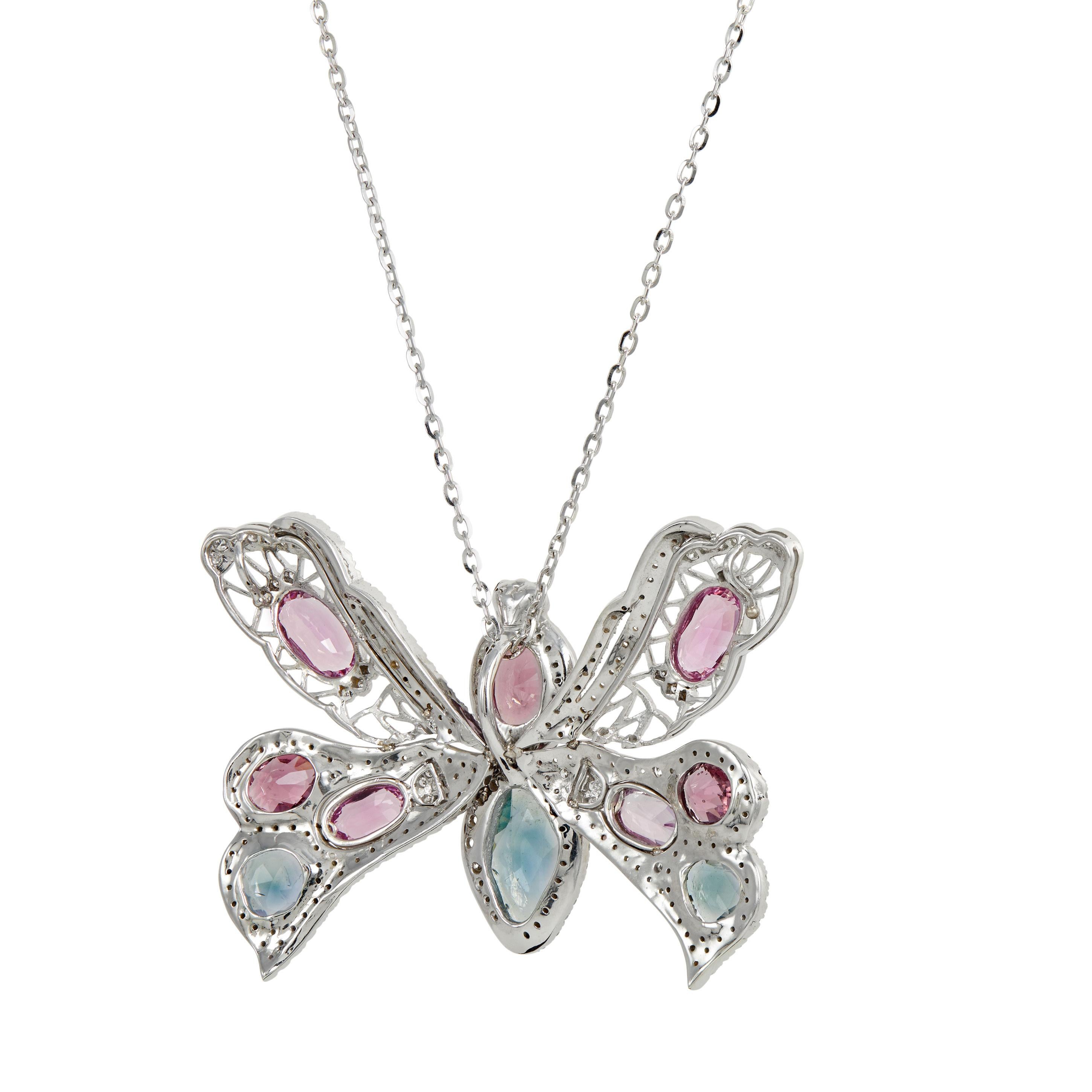 Pink Topaz, Diamond & Sapphire One of a Kind Butterfly Pendants in 18k Gold For Sale 2