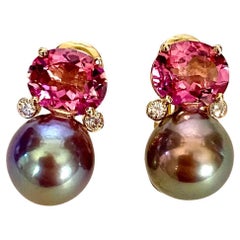 Pink Topaz Diamond Tahitian Pearl Drop Earrings