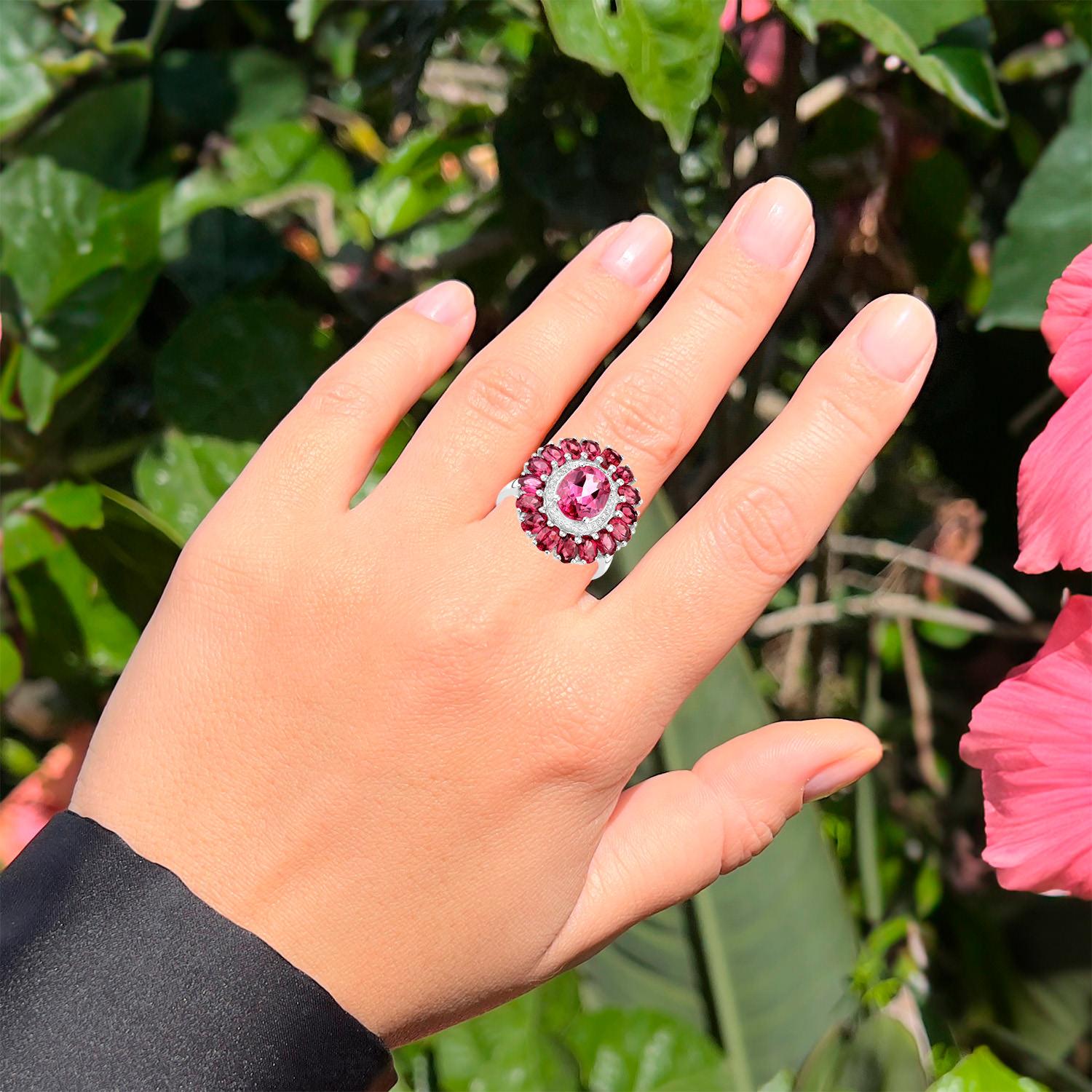 Oval Cut Pink Topaz Flower Cocktail Ring Rhodolite Halo 5.5 Carats For Sale