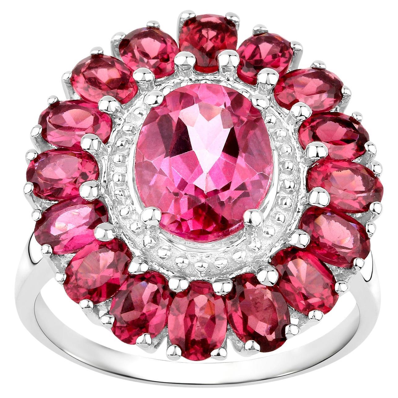 Pink Topaz Flower Cocktail Ring Rhodolite Halo 5.5 Carats For Sale