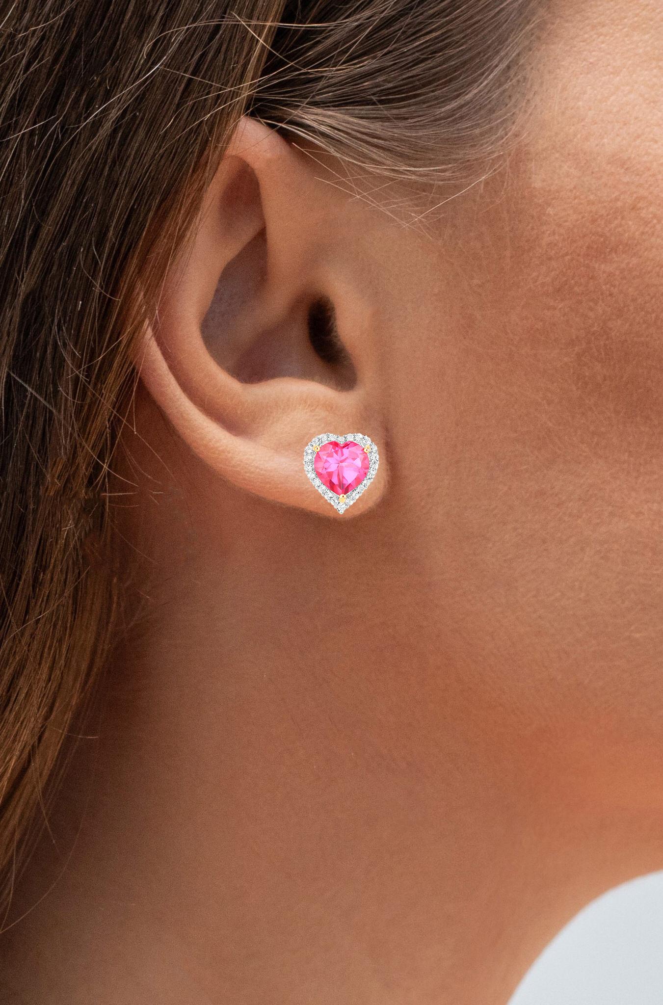 Contemporary Pink Topaz Heart Earrings White Topaz 5.02 Carats 18K Yellow Gold Plated Silver For Sale