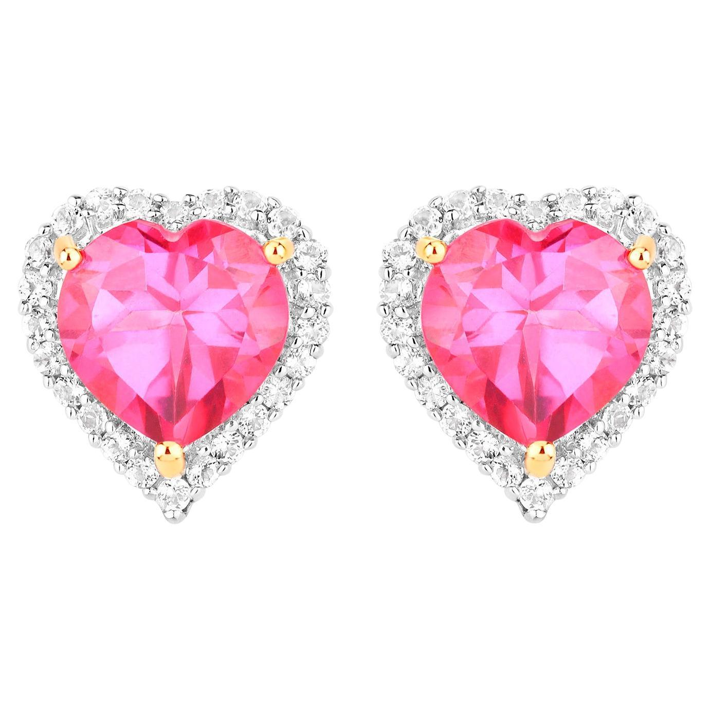 Pink Topaz Heart Earrings White Topaz 5.02 Carats 18K Yellow Gold Plated Silver