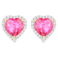 Pink Topaz Heart Earrings White Topaz 5.02 Carats 18K Yellow Gold Plated Silver
