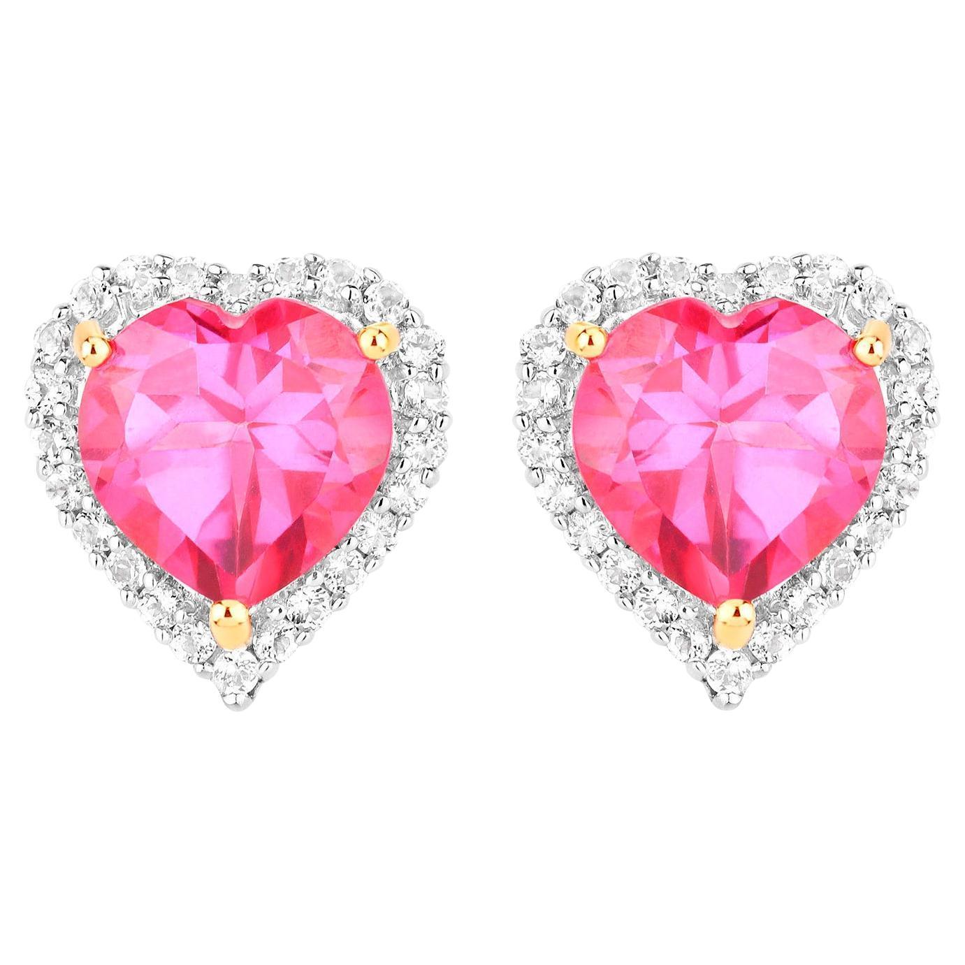 Pink Topaz Heart Earrings White Topaz 5.02 Carats 18K Yellow Gold Plated Silver