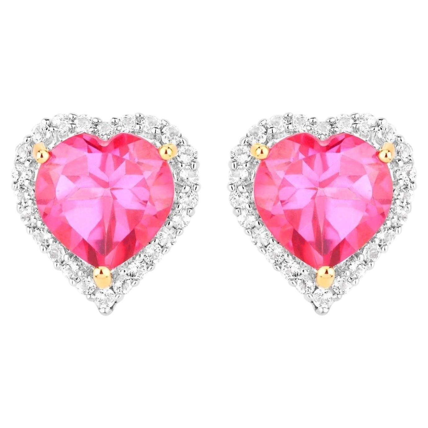 Pink Topaz Heart Earrings White Topaz 5.02 Carats 18K Yellow Gold Plated Silver