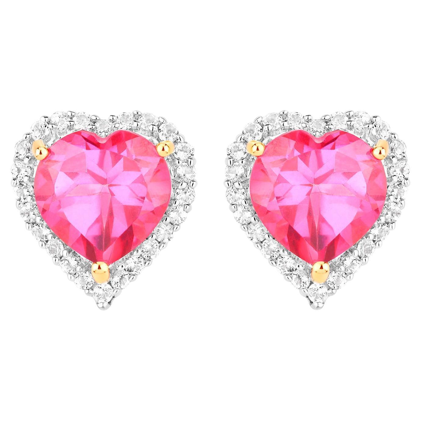 Boucles d'oreilles cœur en argent plaqué or jaune 18 carats, topaze rose et topaze blanche 5,02 carats