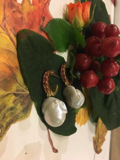 Pink Topaz Hoop with Dangling Baroque Pearl