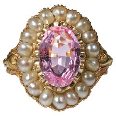 Anello in oro con topazio rosa e perle naturali certificate non trattate, Londra, 1843