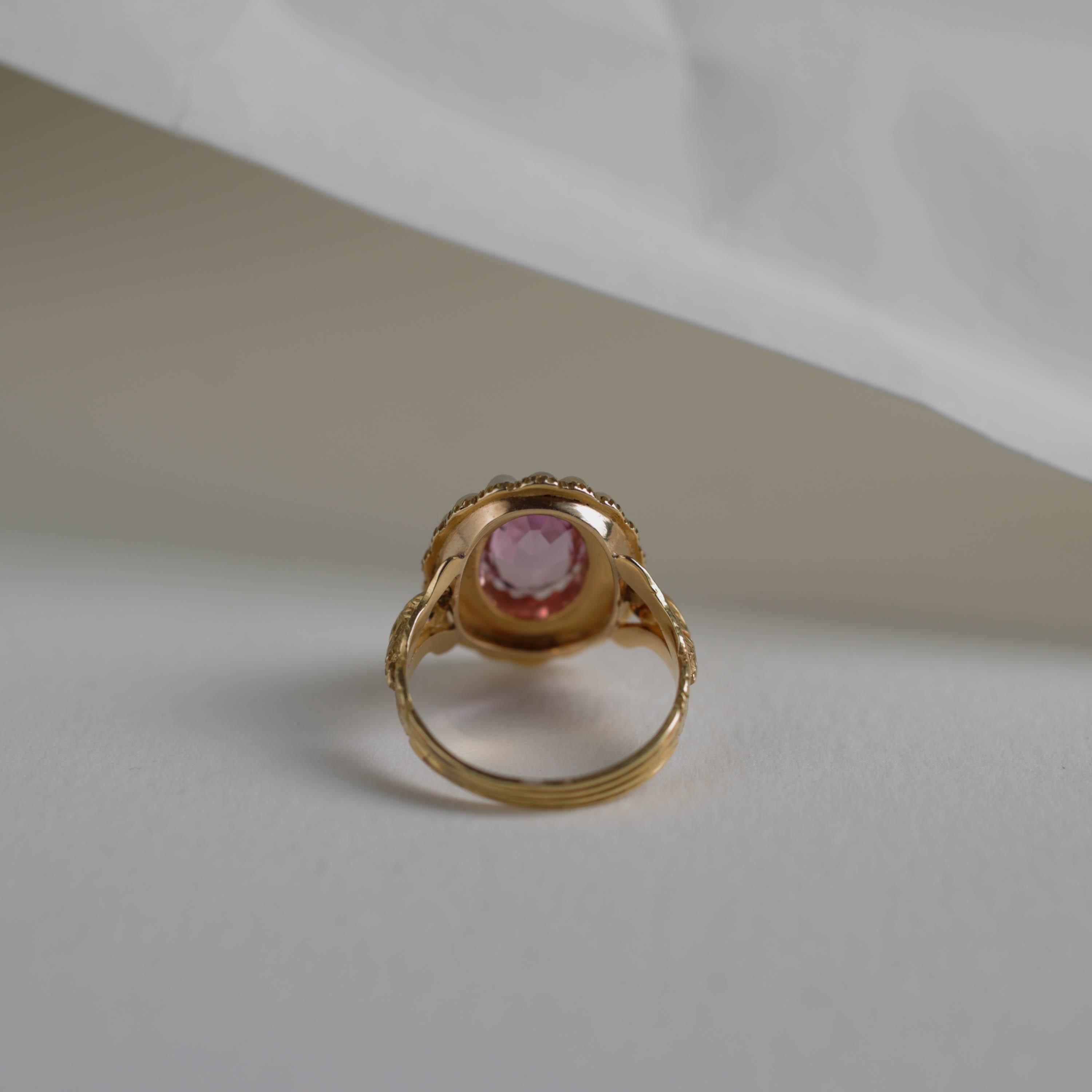 Pink Topaz & Natural Pearl Gold Ring Certified Untreated, London, 1843 Size 10.5 For Sale 1