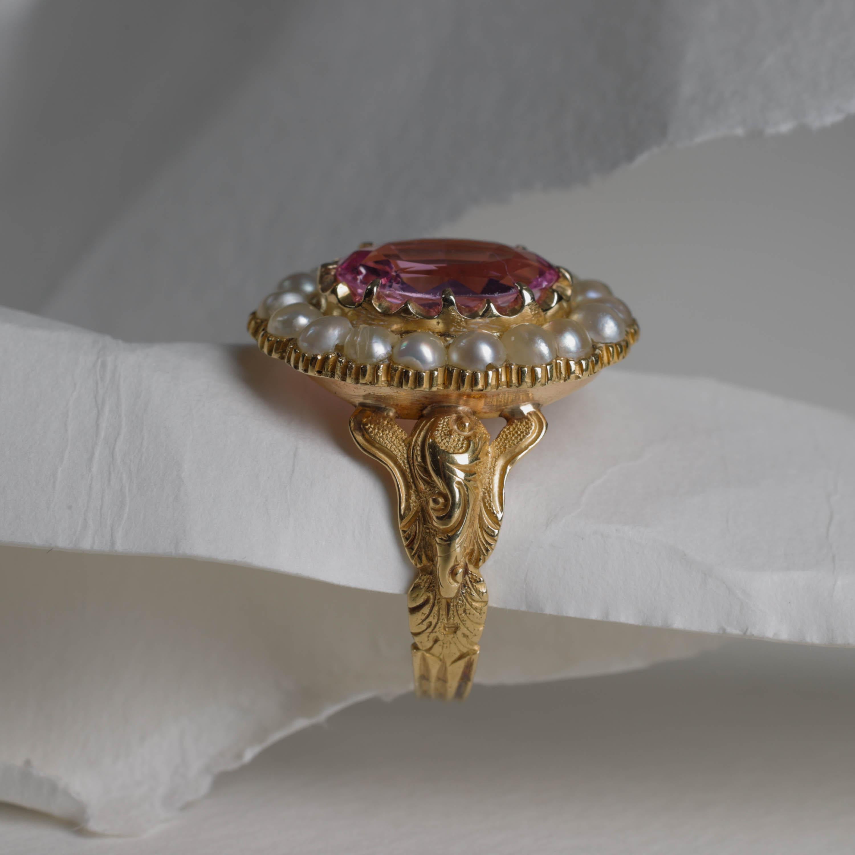 Pink Topaz & Natural Pearl Gold Ring Certified Untreated, London, 1843 Size 10.5 For Sale 3