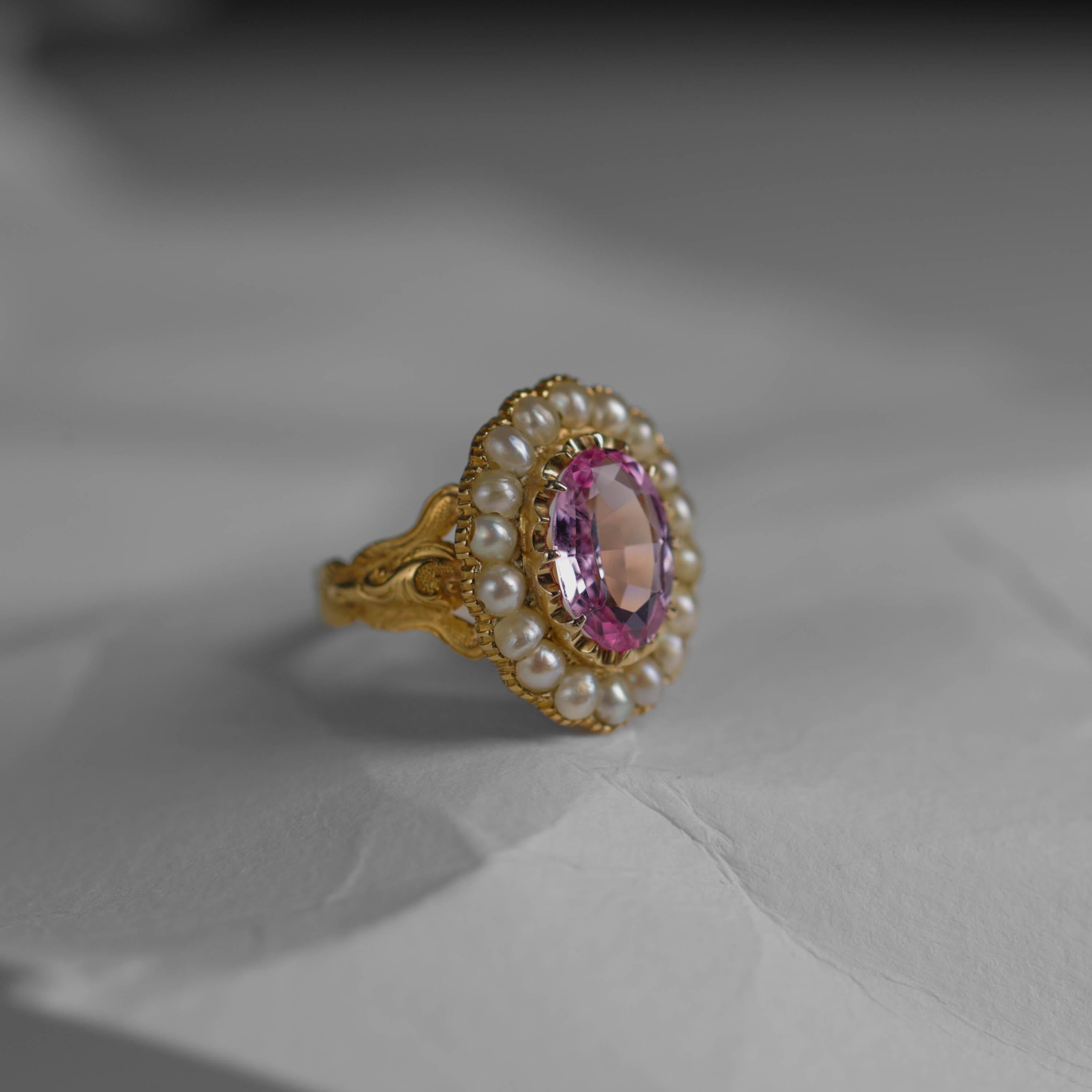 Early Victorian Pink Topaz & Natural Pearl Gold Ring Certified Untreated, London, 1843 Size 10.5 For Sale