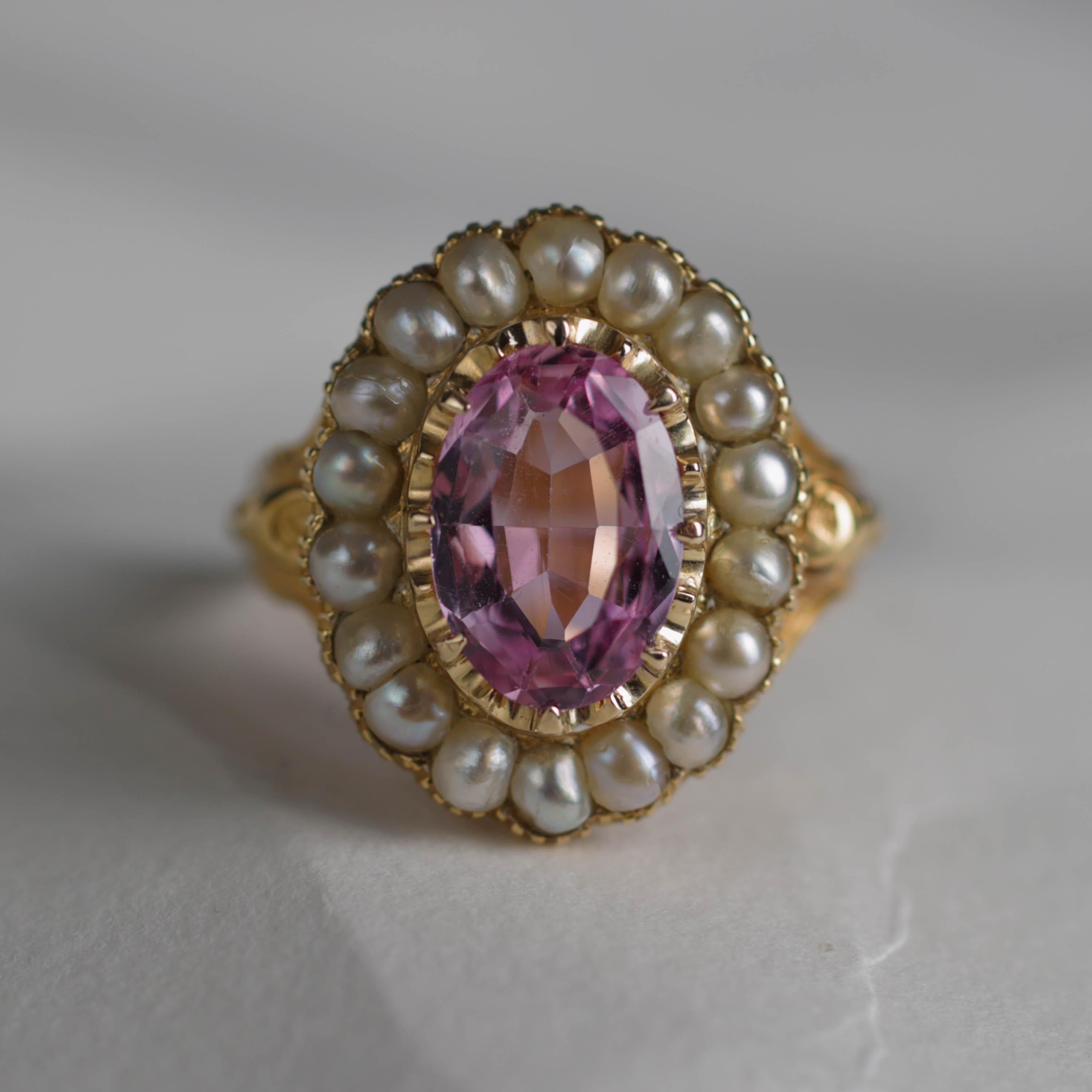 Oval Cut Pink Topaz & Natural Pearl Gold Ring Certified Untreated, London, 1843 Size 10.5 For Sale
