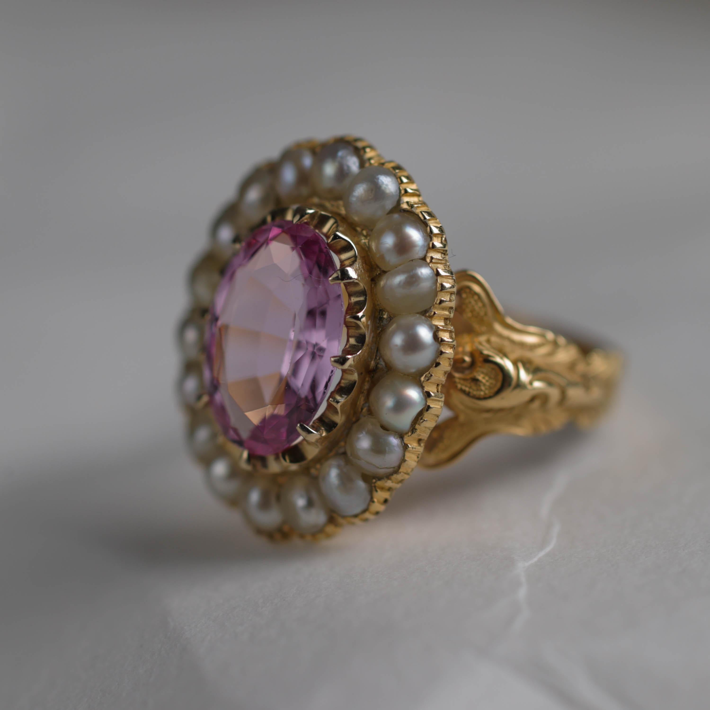 Women's or Men's Pink Topaz & Natural Pearl Gold Ring Certified Untreated, London, 1843 Size 10.5 For Sale