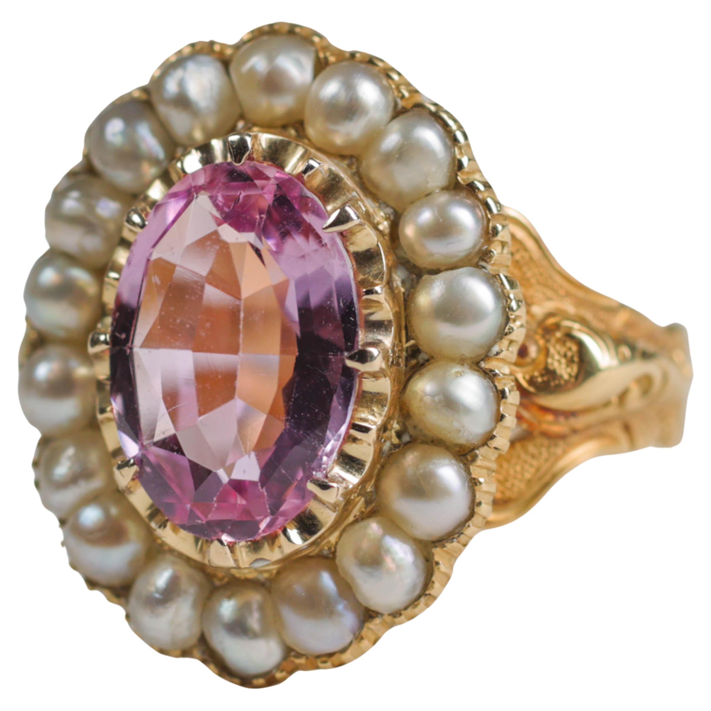 Pink Topaz & Natural Pearl Gold Ring Certified Untreated, London, 1843 Size 10.5 For Sale
