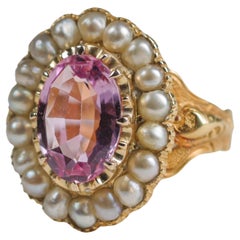 Pink Topaz & Natural Pearl Gold Ring Certified Untreated, London, 1843 Size 10.5