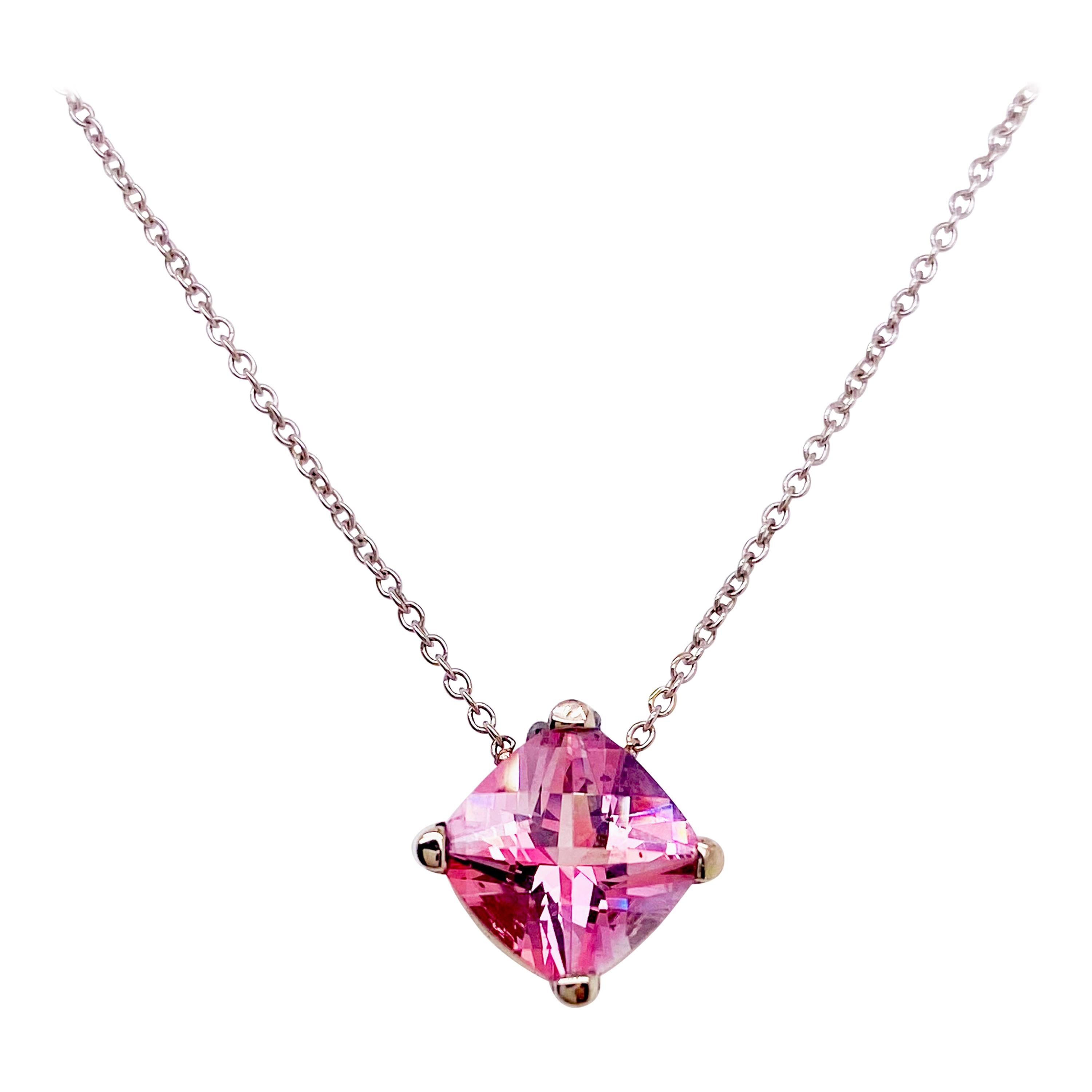 Pink Topaz Necklace Natural and Genuine, Pink Gemstone Cushion Cut in White Gold For Sale