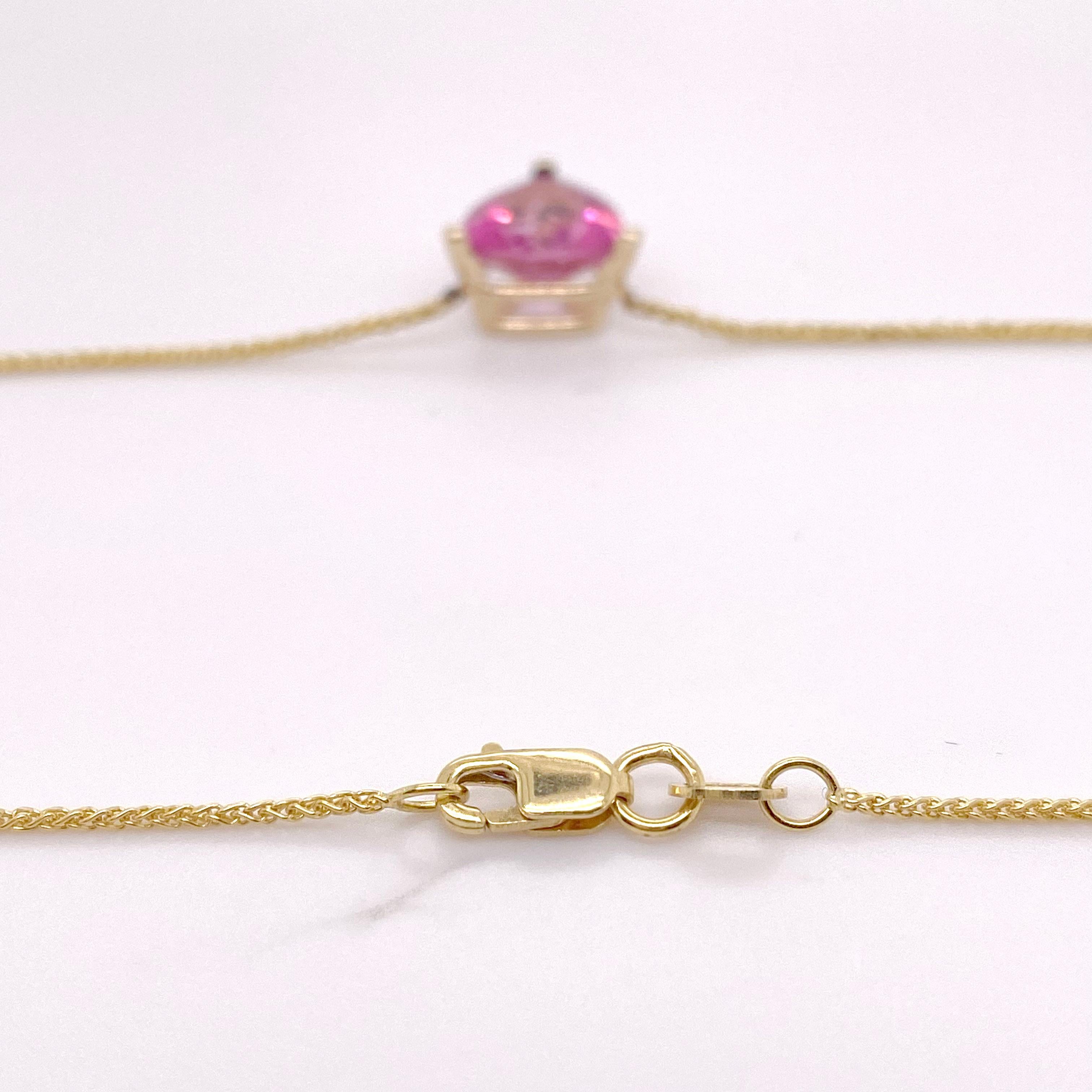 Contemporary Pink Topaz Pendant in Trillion Cut Set in Yellow Gold, Wheat Chain Necklace For Sale