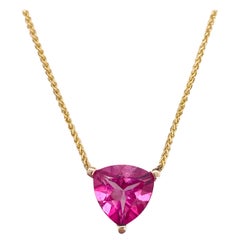 Pink Topaz Pendant in Trillion Cut Set in Yellow Gold, Wheat Chain Necklace