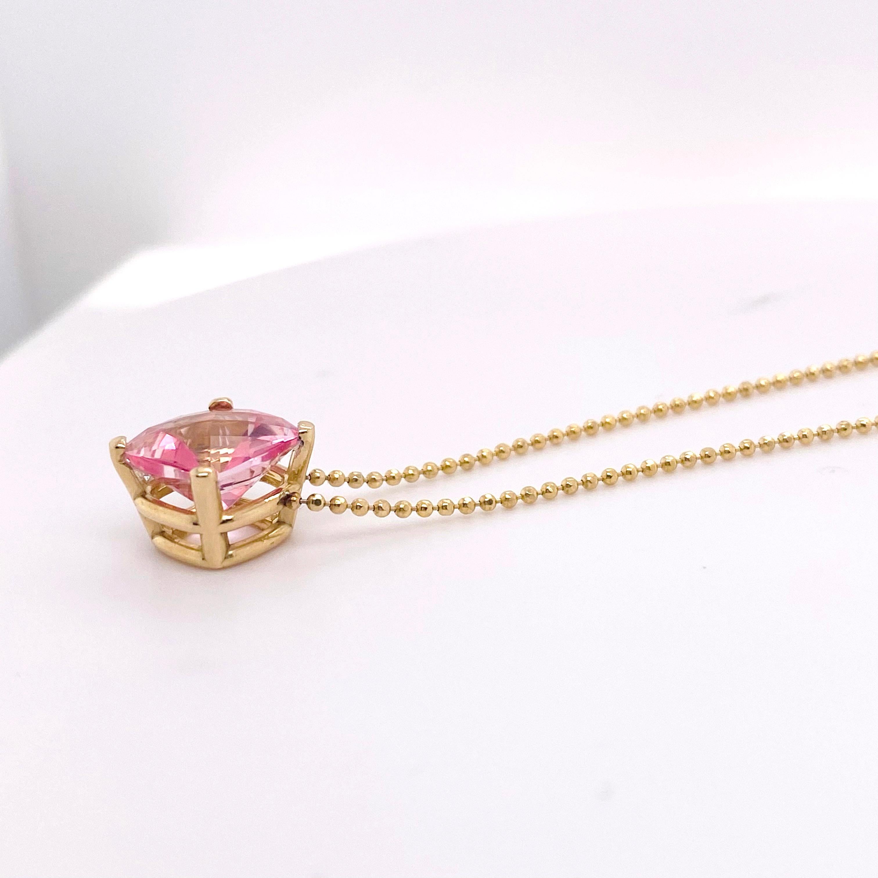 Contemporary Pink Topaz Pendant w 5 Ct Cushion Yellow Gold Beaded Chain Necklace For Sale