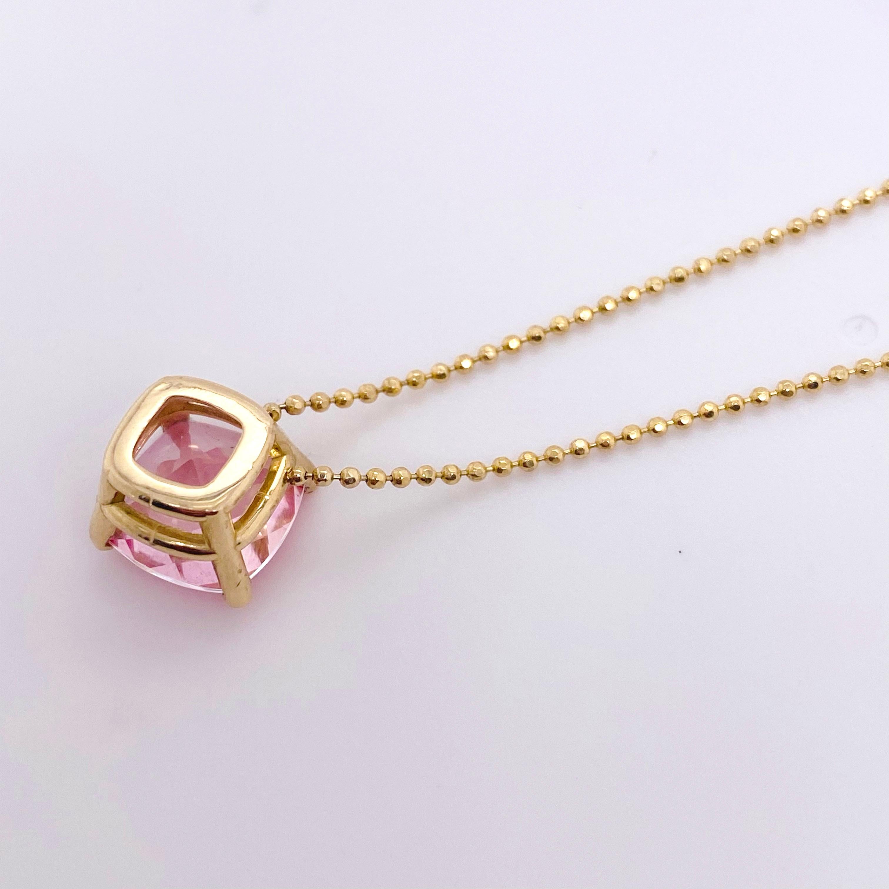 Cushion Cut Pink Topaz Pendant w 5 Ct Cushion Yellow Gold Beaded Chain Necklace For Sale