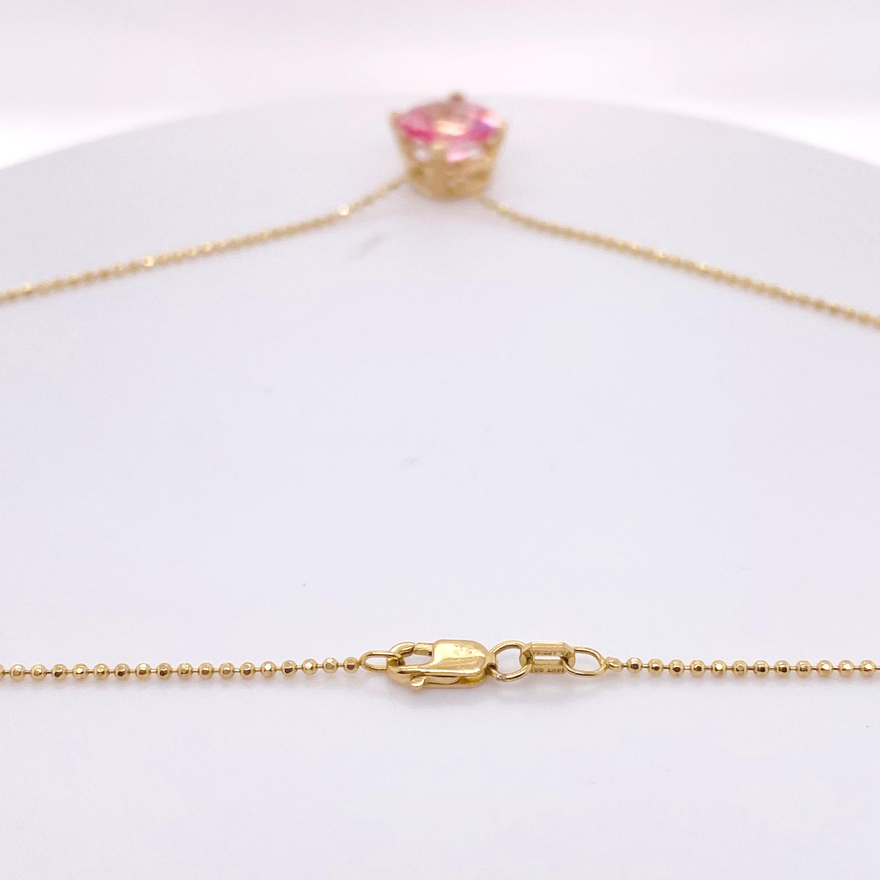 Pink Topaz Pendant w 5 Ct Cushion Yellow Gold Beaded Chain Necklace In New Condition For Sale In Austin, TX