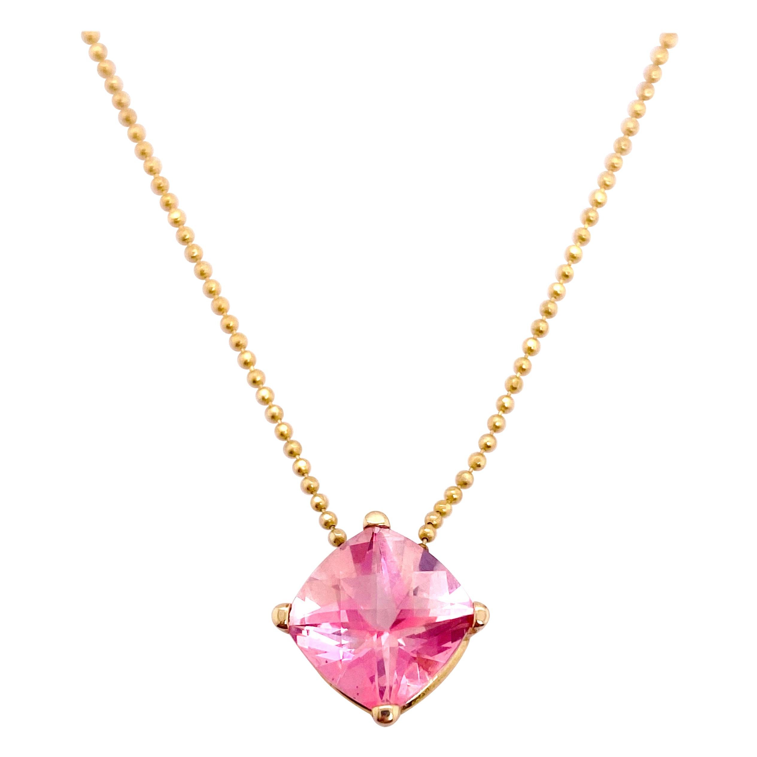 Pink Topaz Pendant w 5 Ct Cushion Yellow Gold Beaded Chain Necklace
