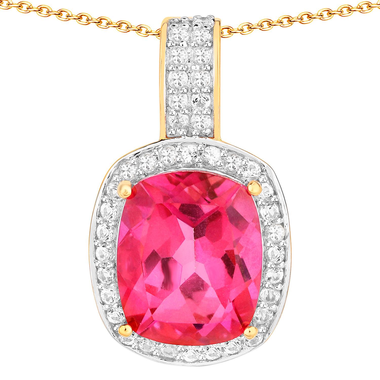 Cushion Cut Pink Topaz Pendant White Topaz Setting 6.85 Carats 18K Yellow Gold Plated Silver For Sale