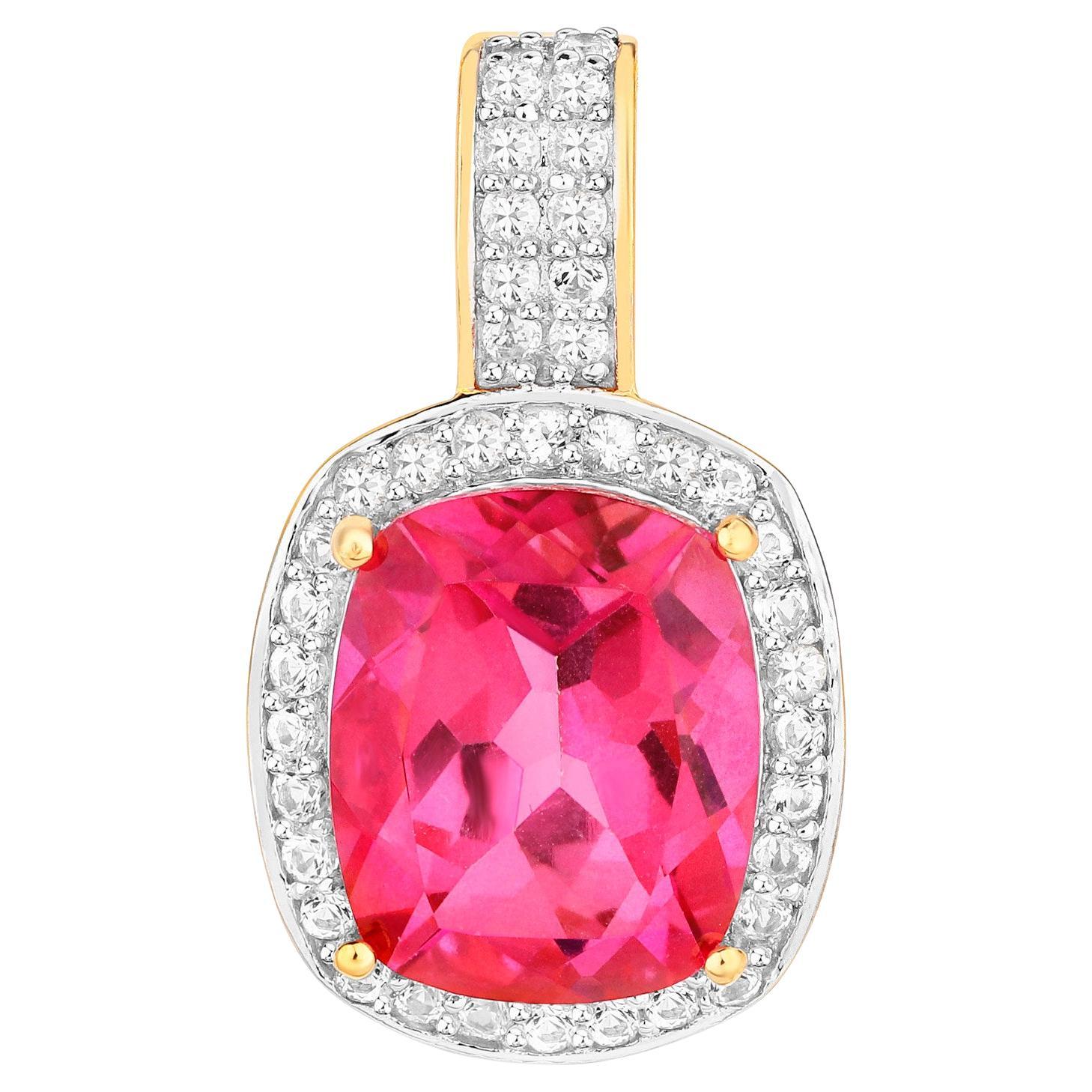 Pink Topaz Pendant White Topaz Setting 6.85 Carats 18K Yellow Gold Plated Silver