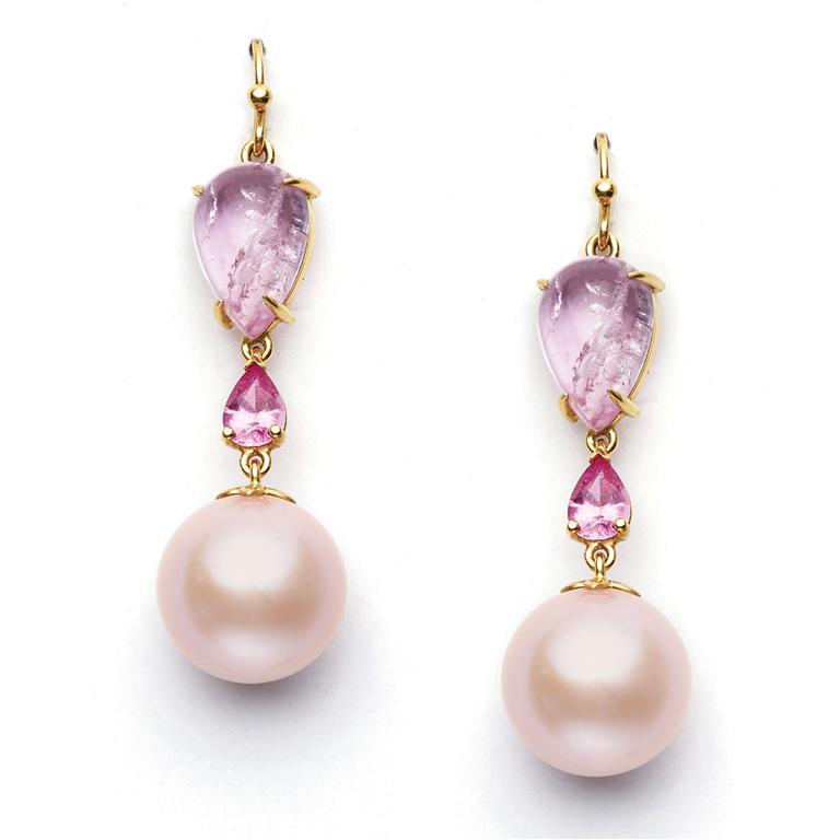 Indulge in all things pretty in pink with these sparkling danglers featuring Pink Topaz (13 Carat), Sapphire (1.15 Carat) and Freshwater Pearl Earrings. Ear wire styling. Set in 18 Karat Gold.
