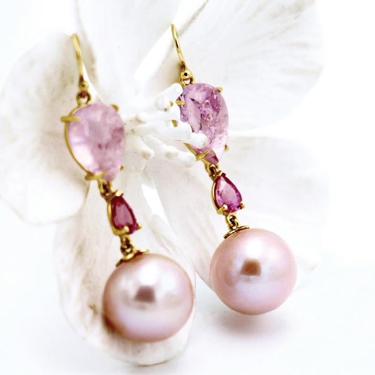 Pear Cut Susan Lister Locke Pink Topaz, Sapphire and Freshwater Pearls set in 18K Gold For Sale