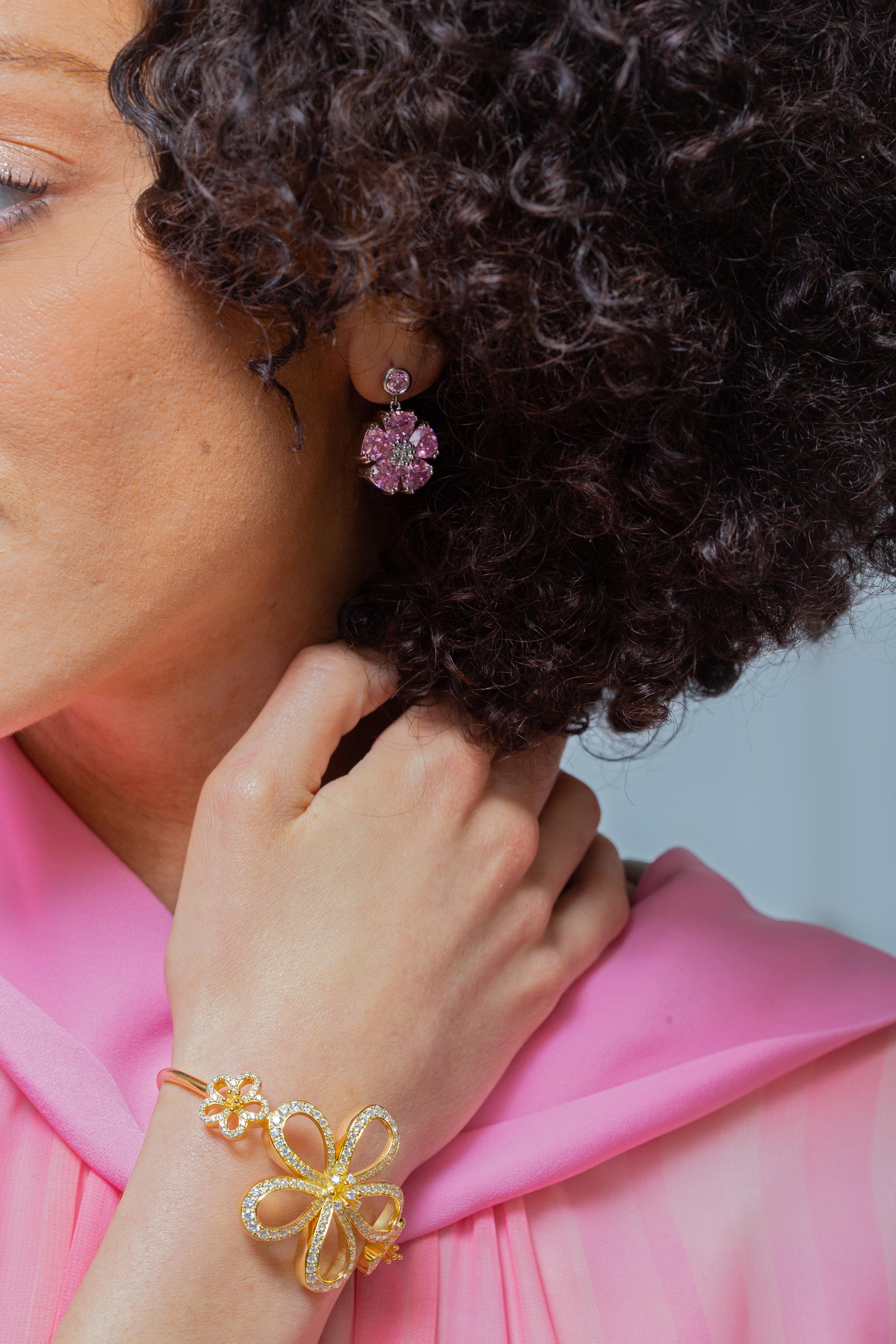 Pink Topaz Single Blossom Stone Drop Earrings For Sale 3