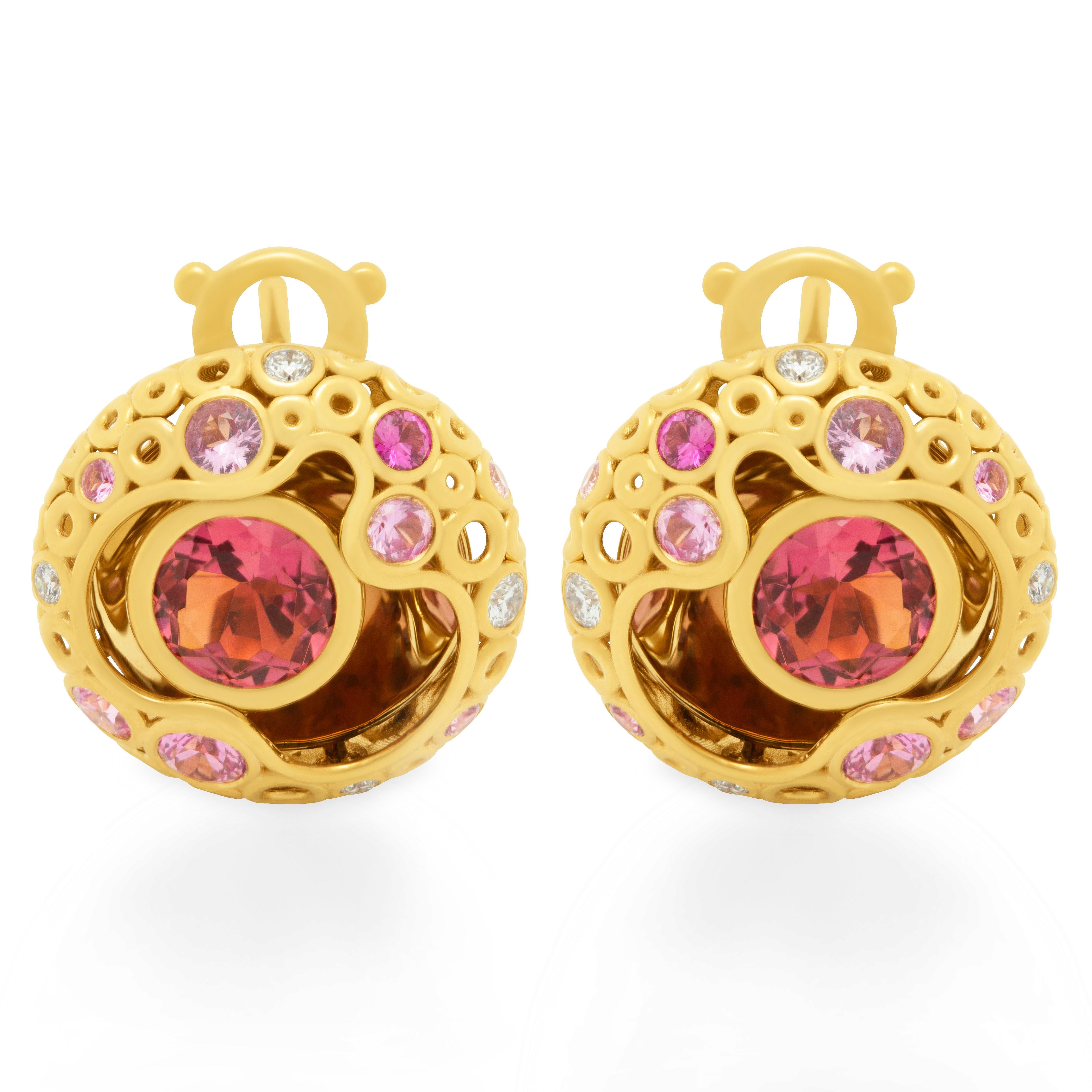 Pink Tormaline 2.65 Carat Sapphires Diamond 18 Karat Yellow Gold Bubble Earrings For Sale 5