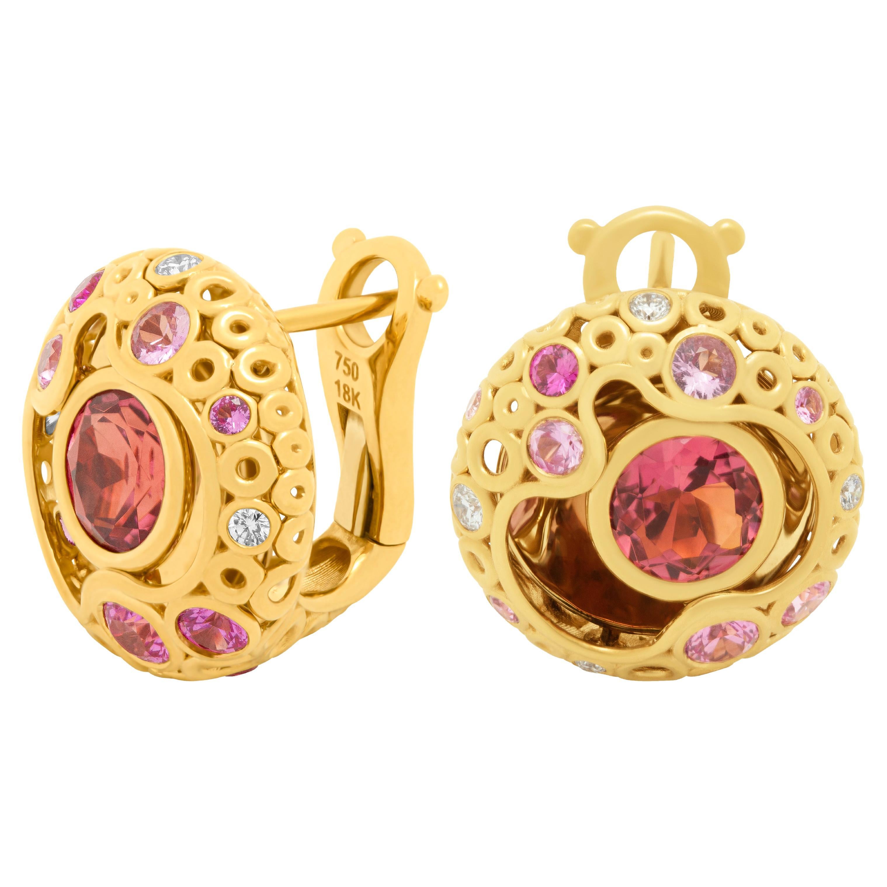 Boucles d'oreilles bulles en or jaune 18 carats avec émeraude rose, saphirs de 2,65 carats et diamants